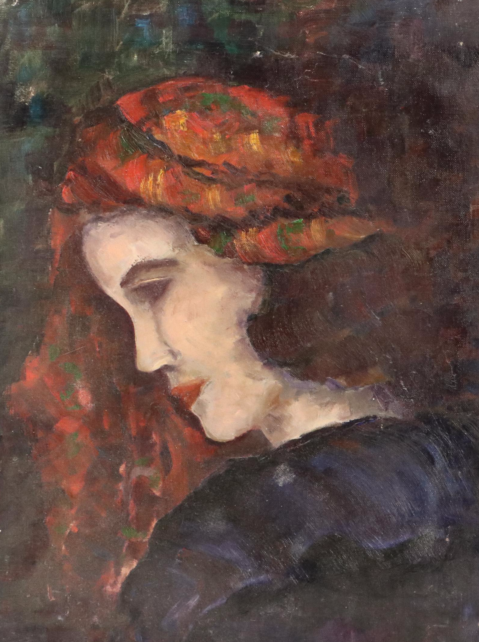 Stylized Oil Portrait Painting of Woman with Headscarf, 20th Century