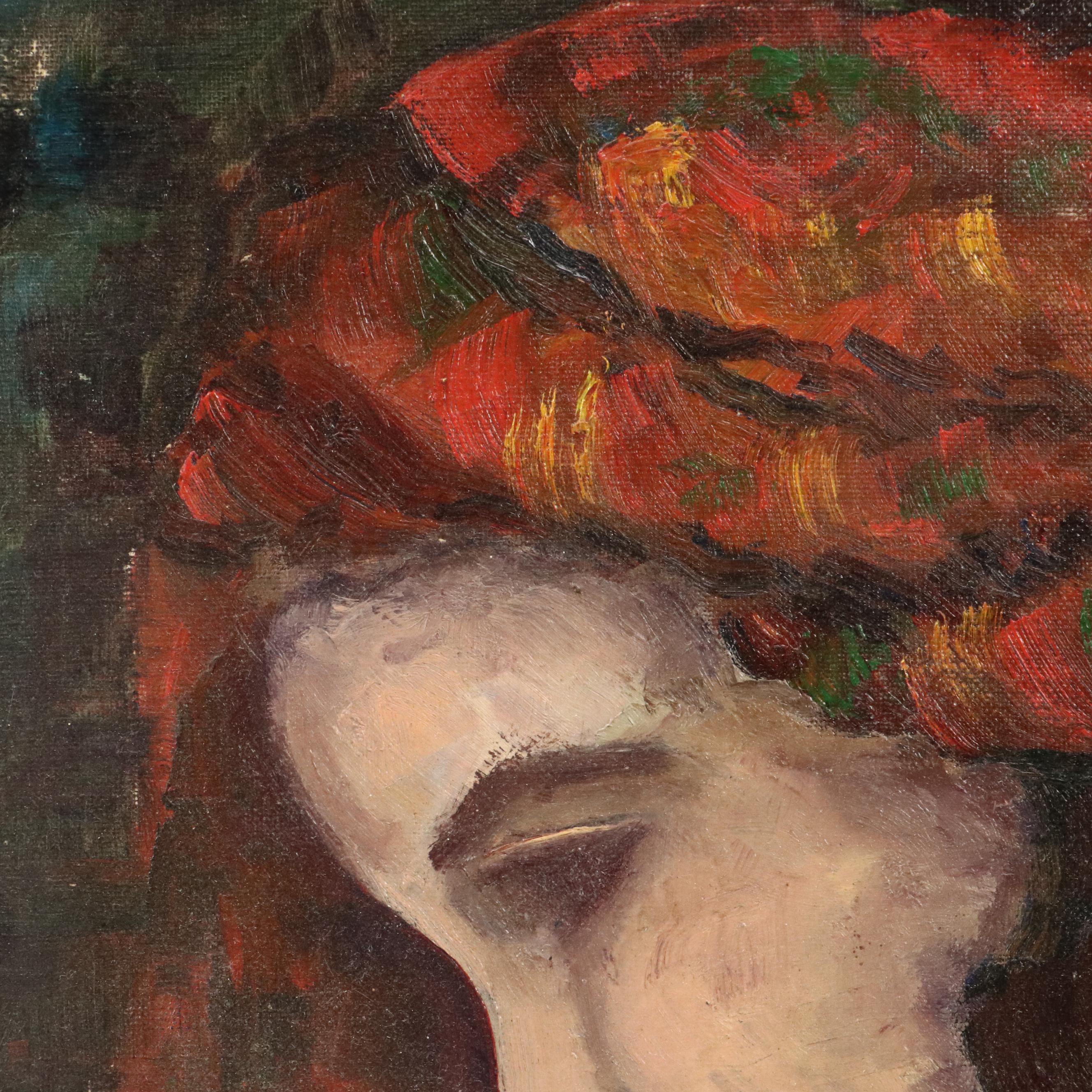 Stylized Oil Portrait Painting of Woman with Headscarf, 20th Century