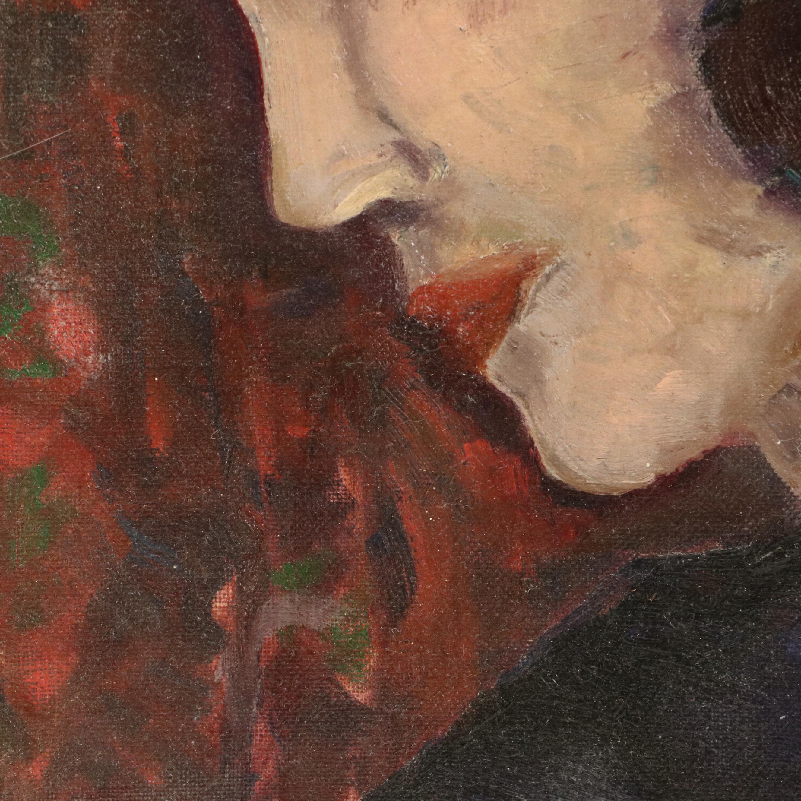 Stylized Oil Portrait Painting of Woman with Headscarf, 20th Century