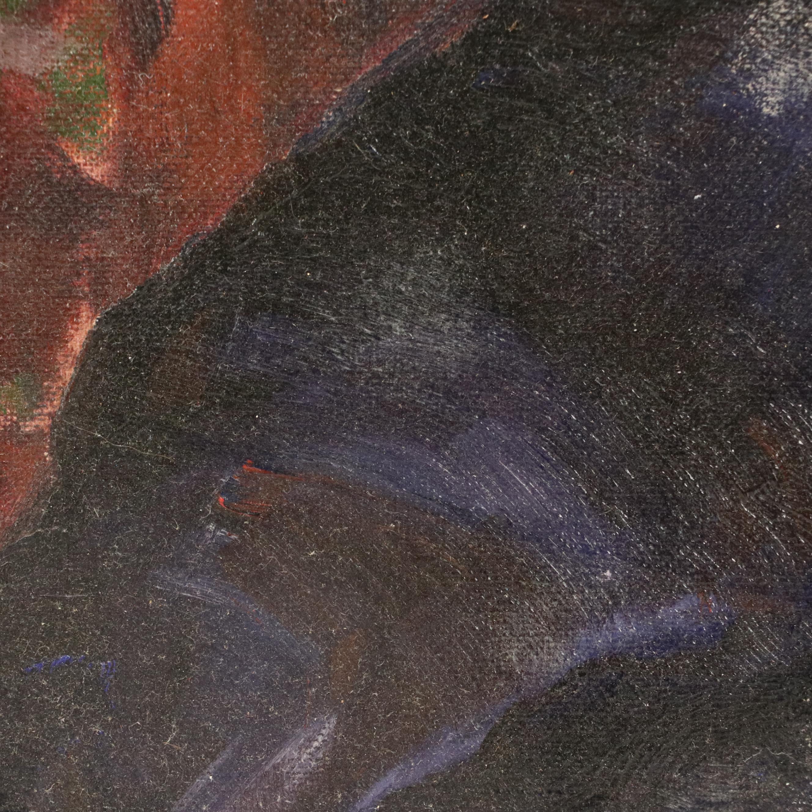 Stylized Oil Portrait Painting of Woman with Headscarf, 20th Century