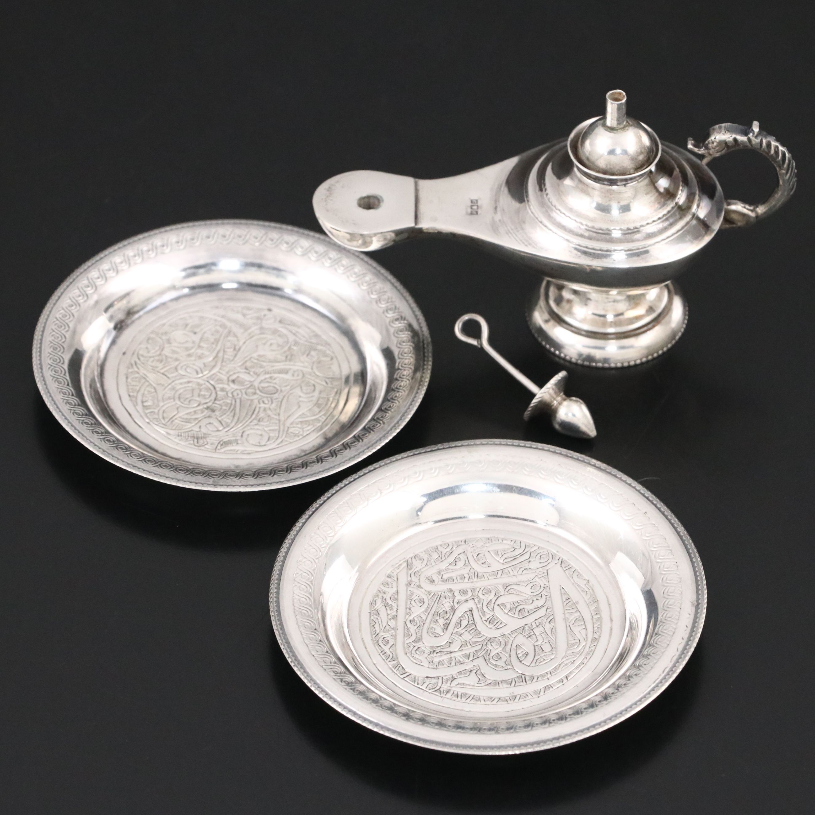 Egyptian 900 Silver Miniature Lamp and Chased Dishes