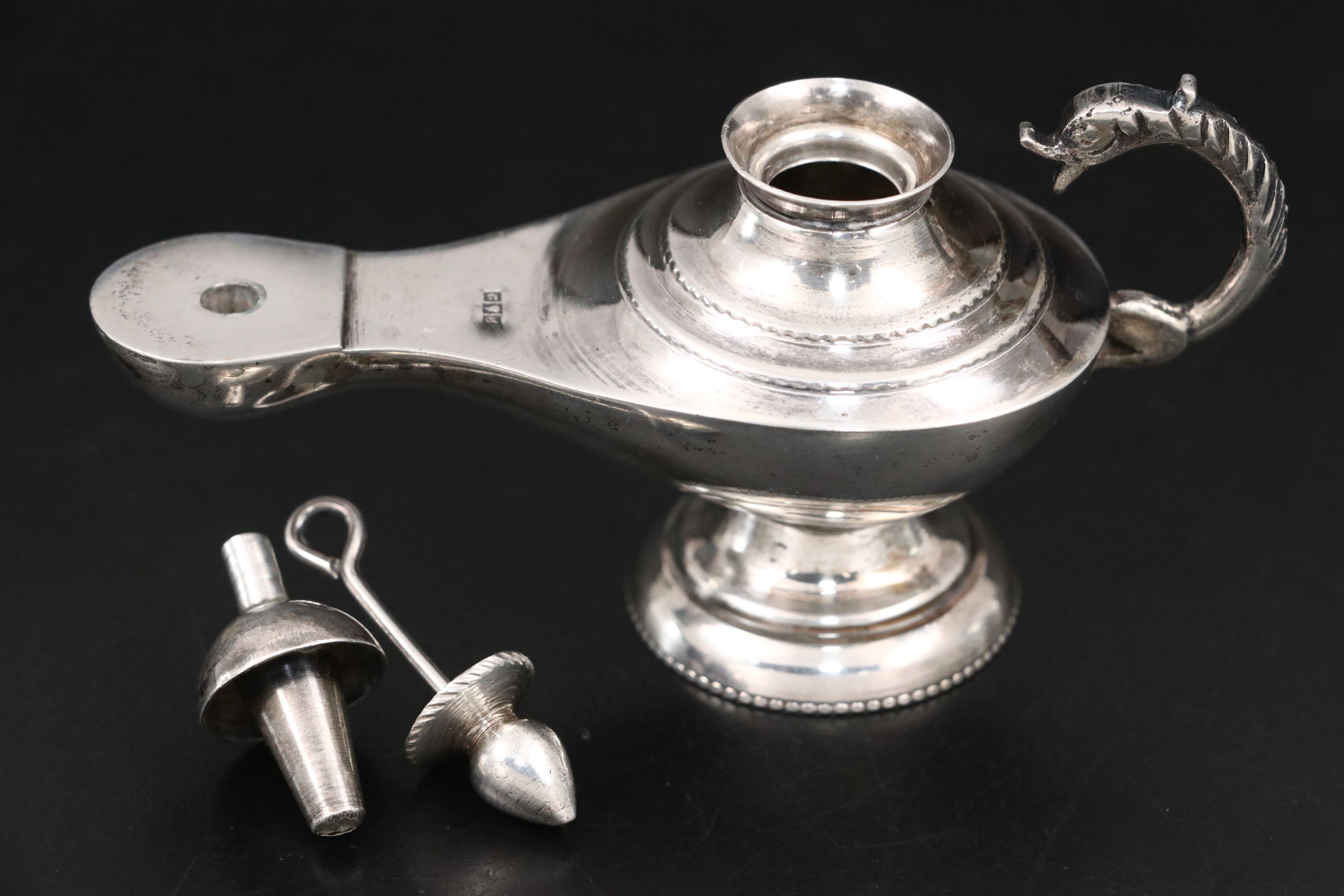 Egyptian 900 Silver Miniature Lamp and Chased Dishes