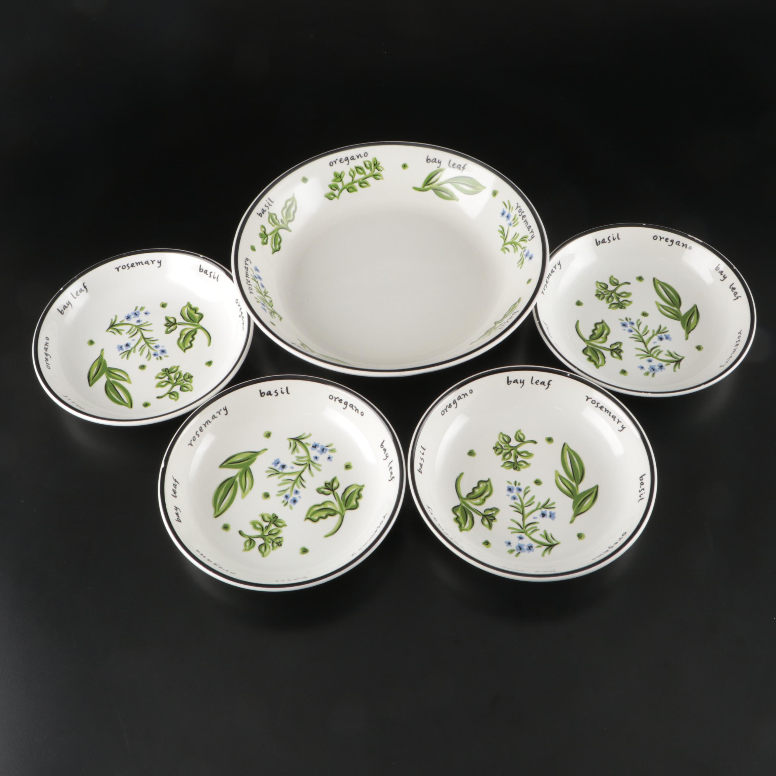 Italian Pottery Barn Ceramic Herb Pattern Serving and Pasta Bowls