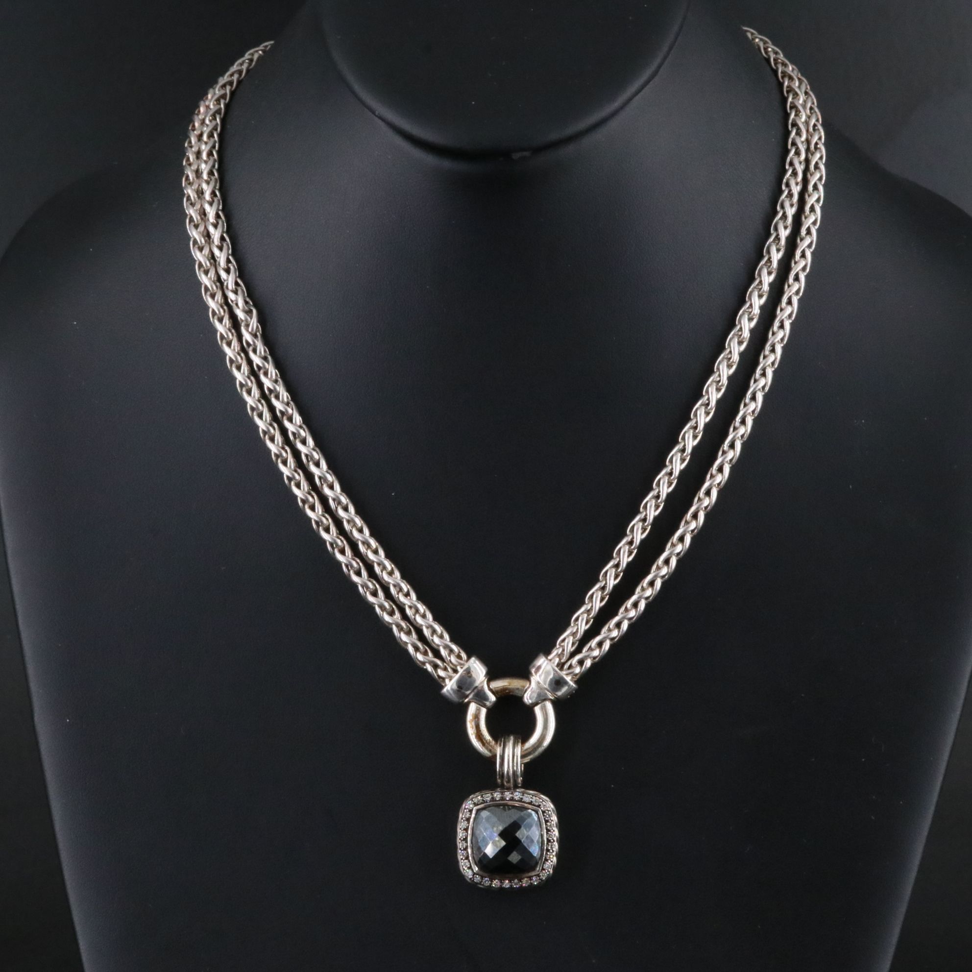 David Yurman Sterling Hematite  0.59 CTW Enhancer and Double Chain Necklace