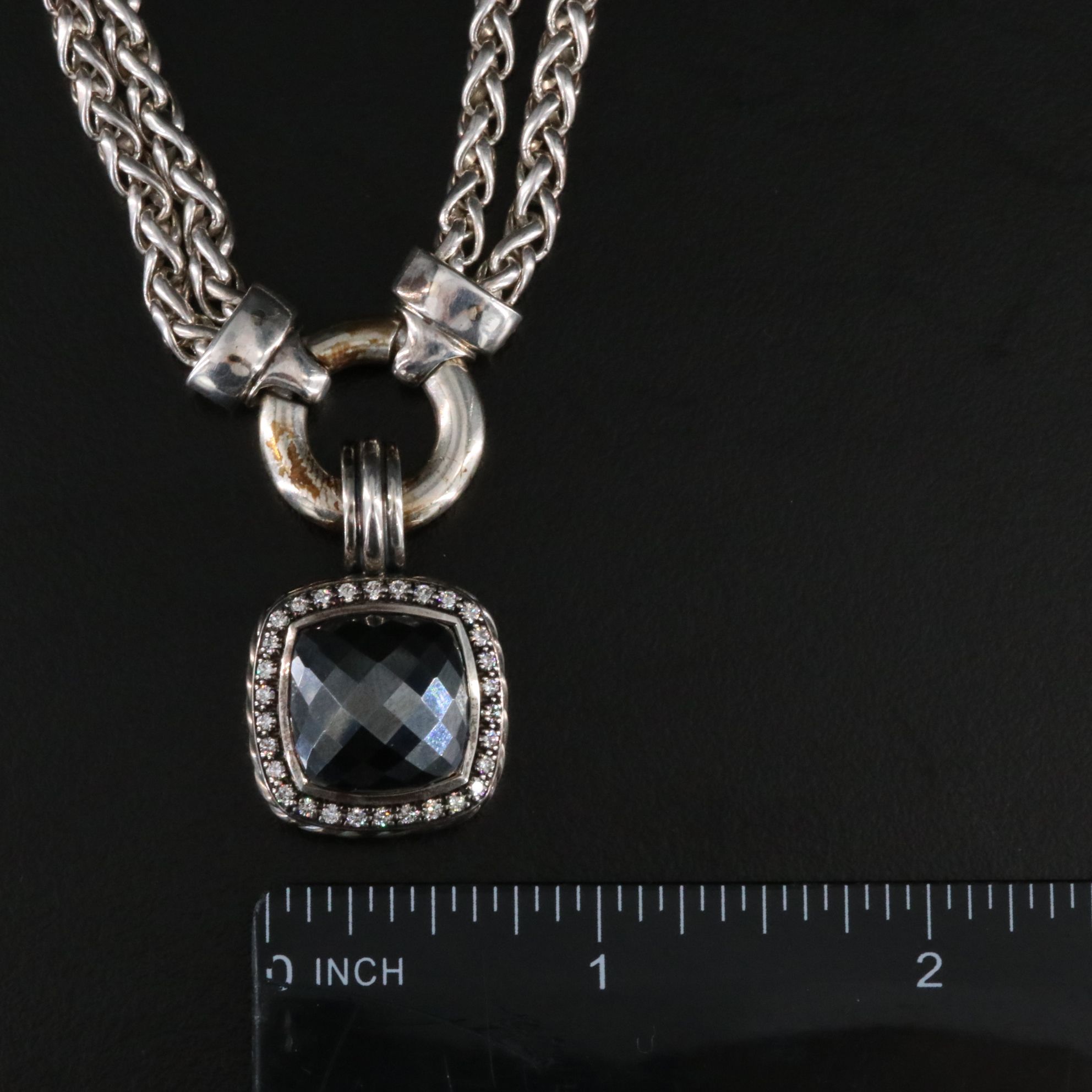 David Yurman Sterling Hematite  0.59 CTW Enhancer and Double Chain Necklace