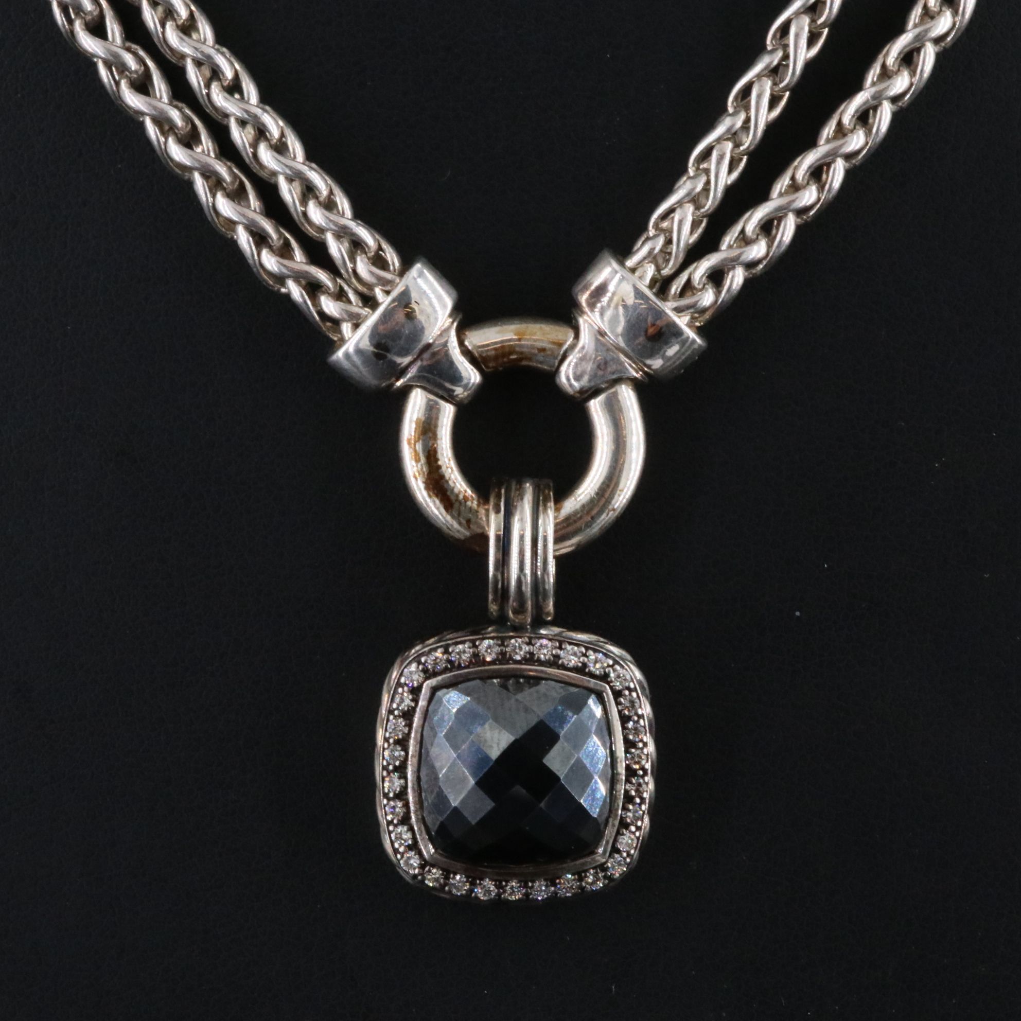 David Yurman Sterling Hematite  0.59 CTW Enhancer and Double Chain Necklace