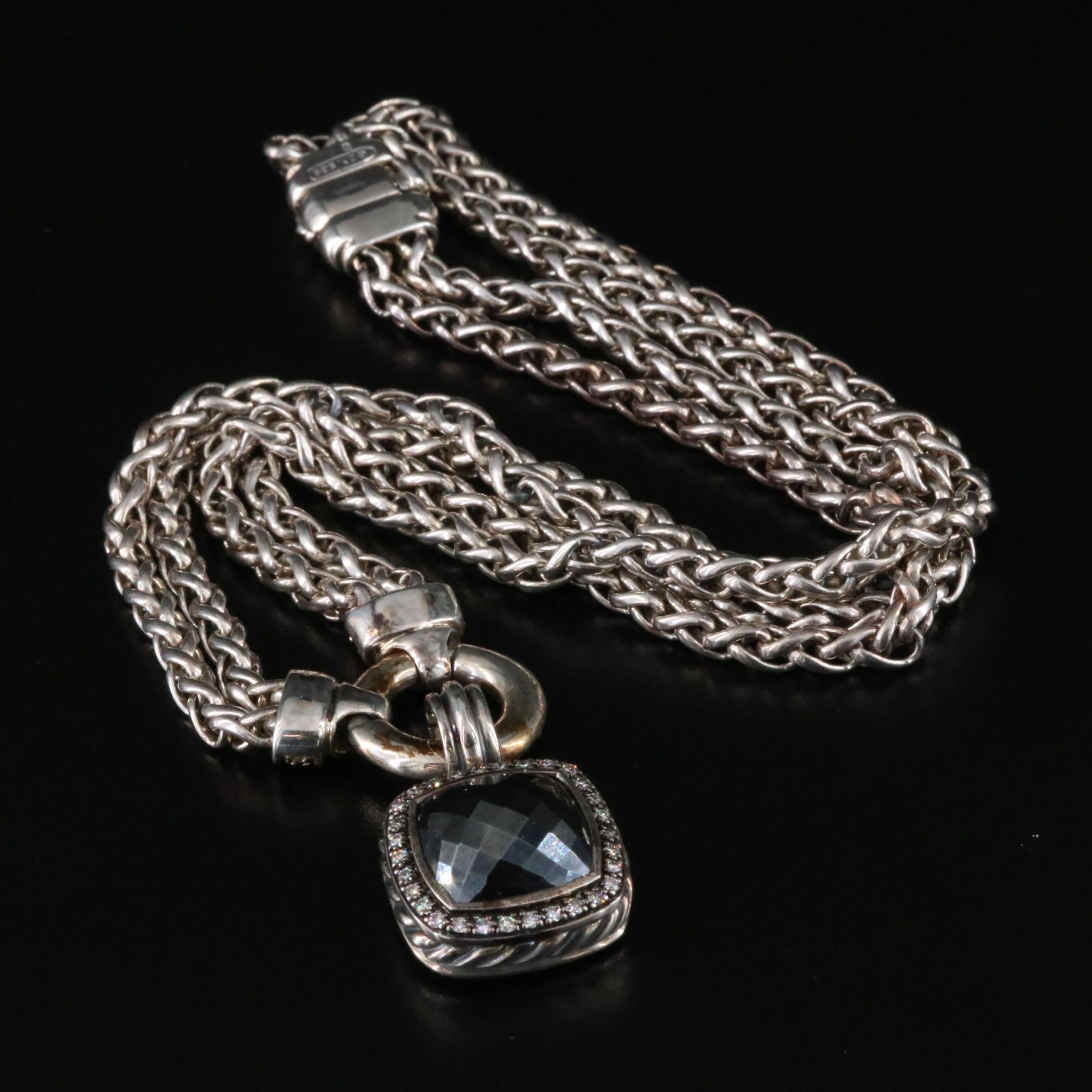 David Yurman Sterling Hematite  0.59 CTW Enhancer and Double Chain Necklace