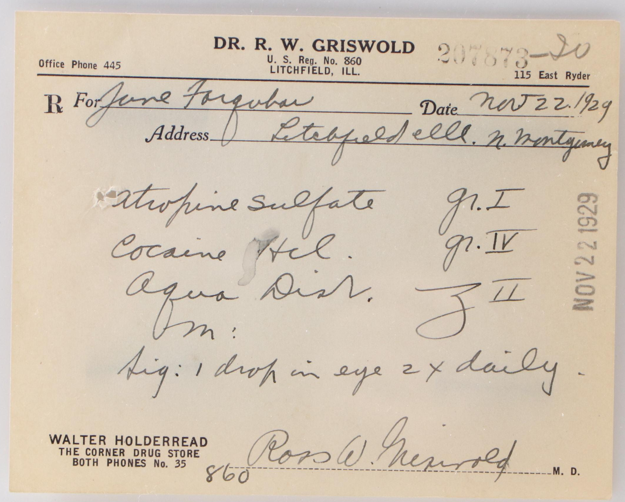 Prescription Form for Cocaine and Atropine Sulfate, 1929