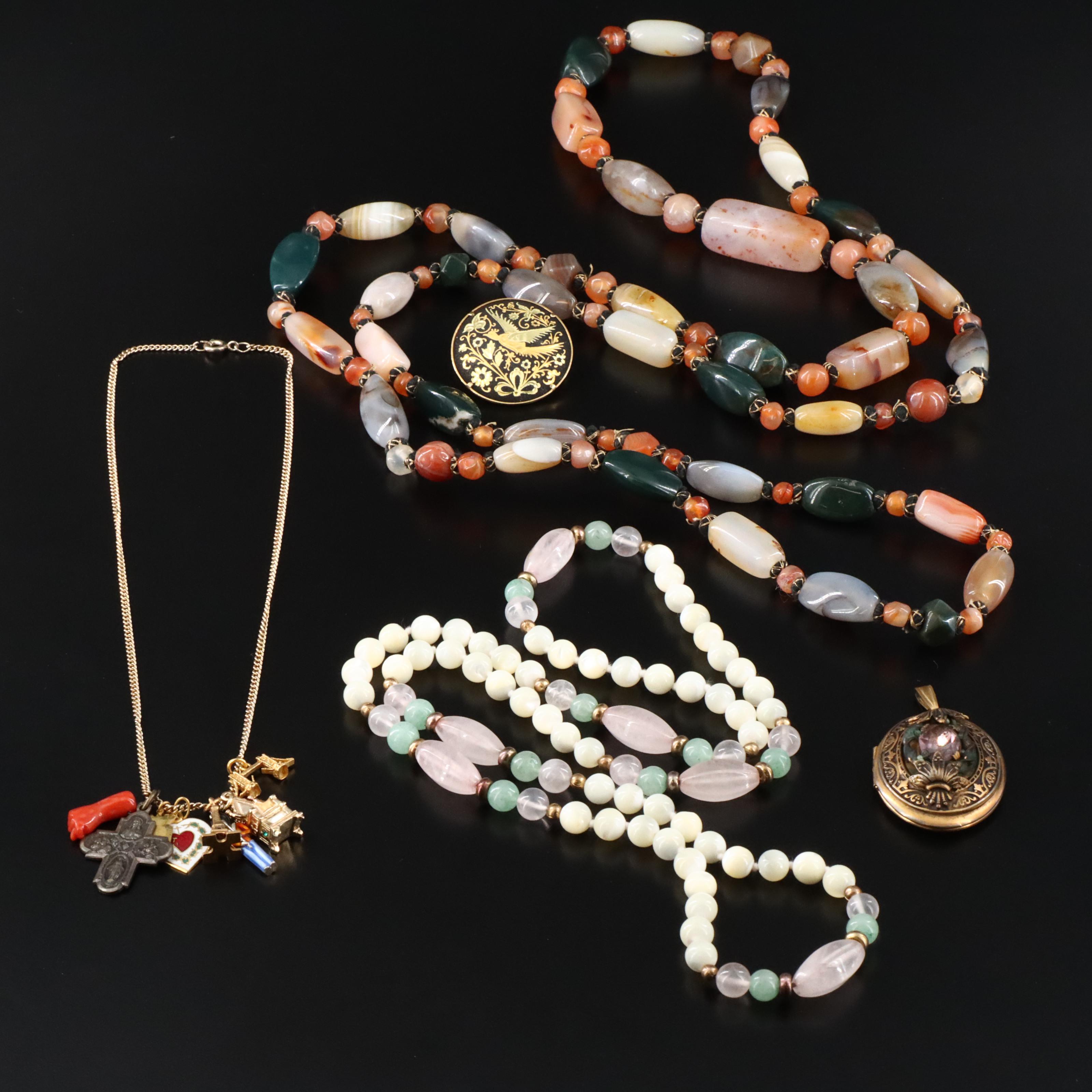 Assorted Jewelry Lot Including Agate, Bloodstone and Rose Quartz