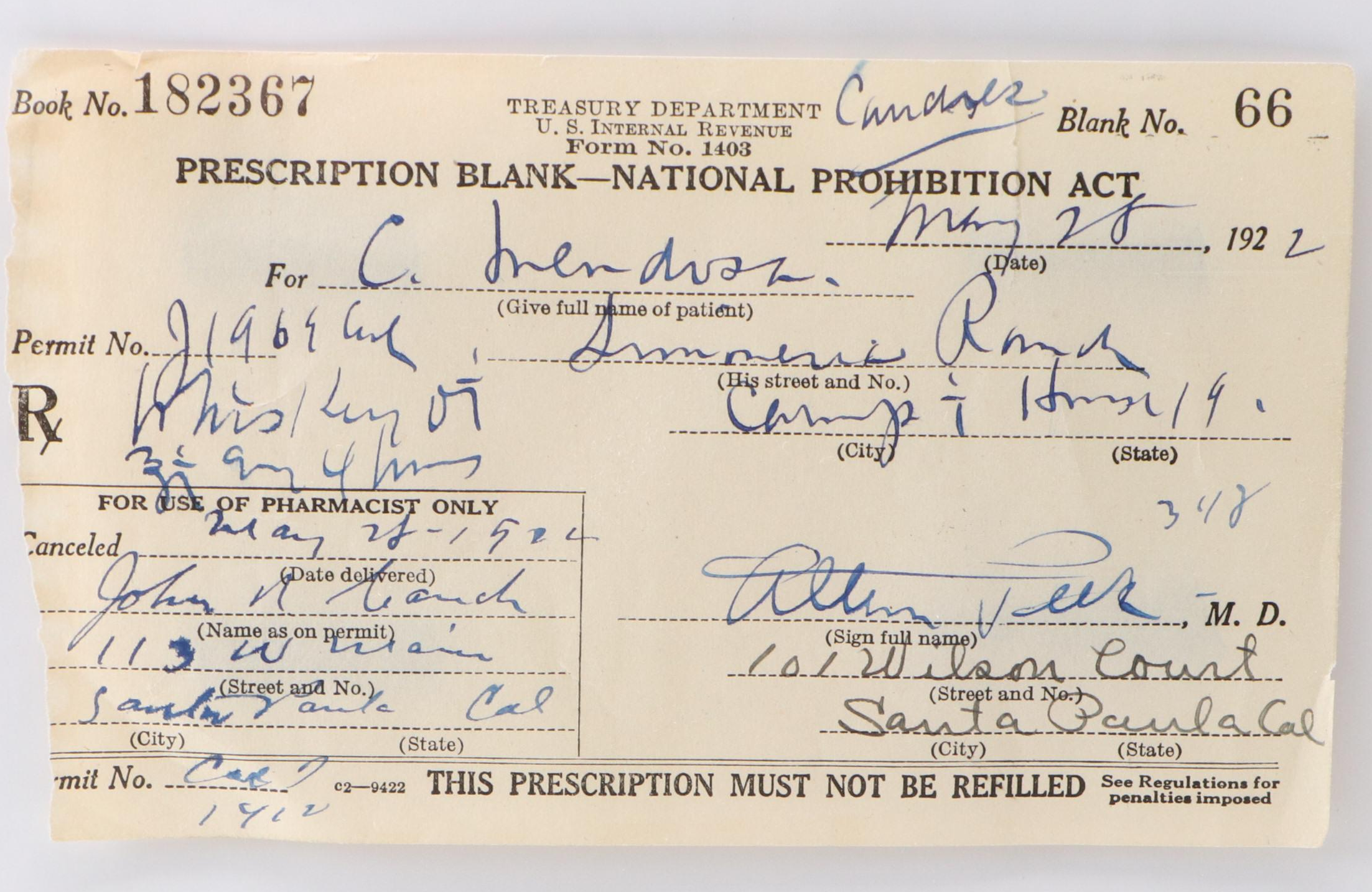 Prohibition Era Prescription Form for Whiskey, 1922