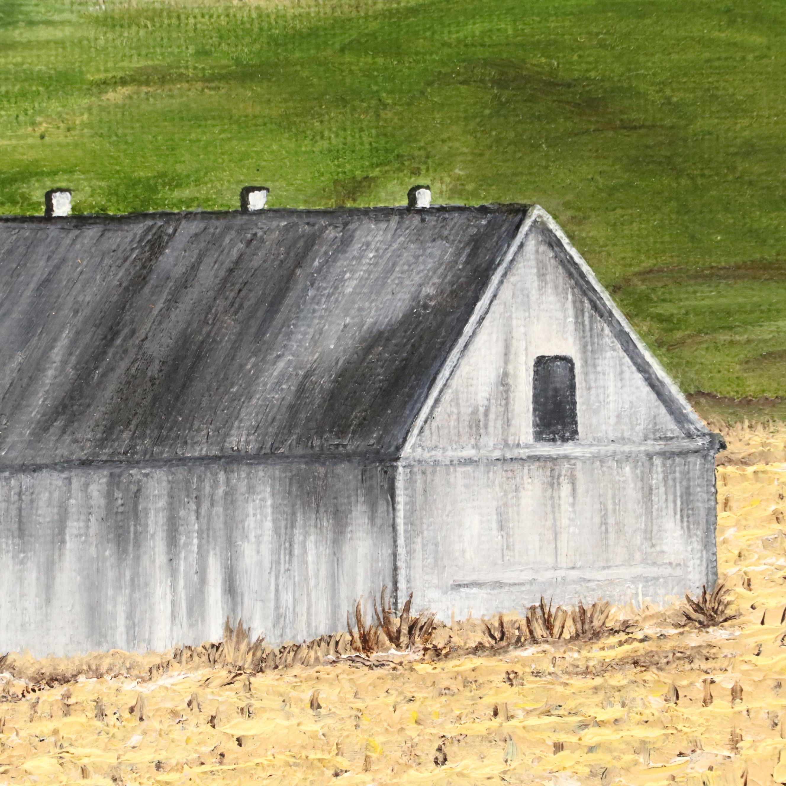 Folk Art Style Landscape Oil Painting of Farm and Forest