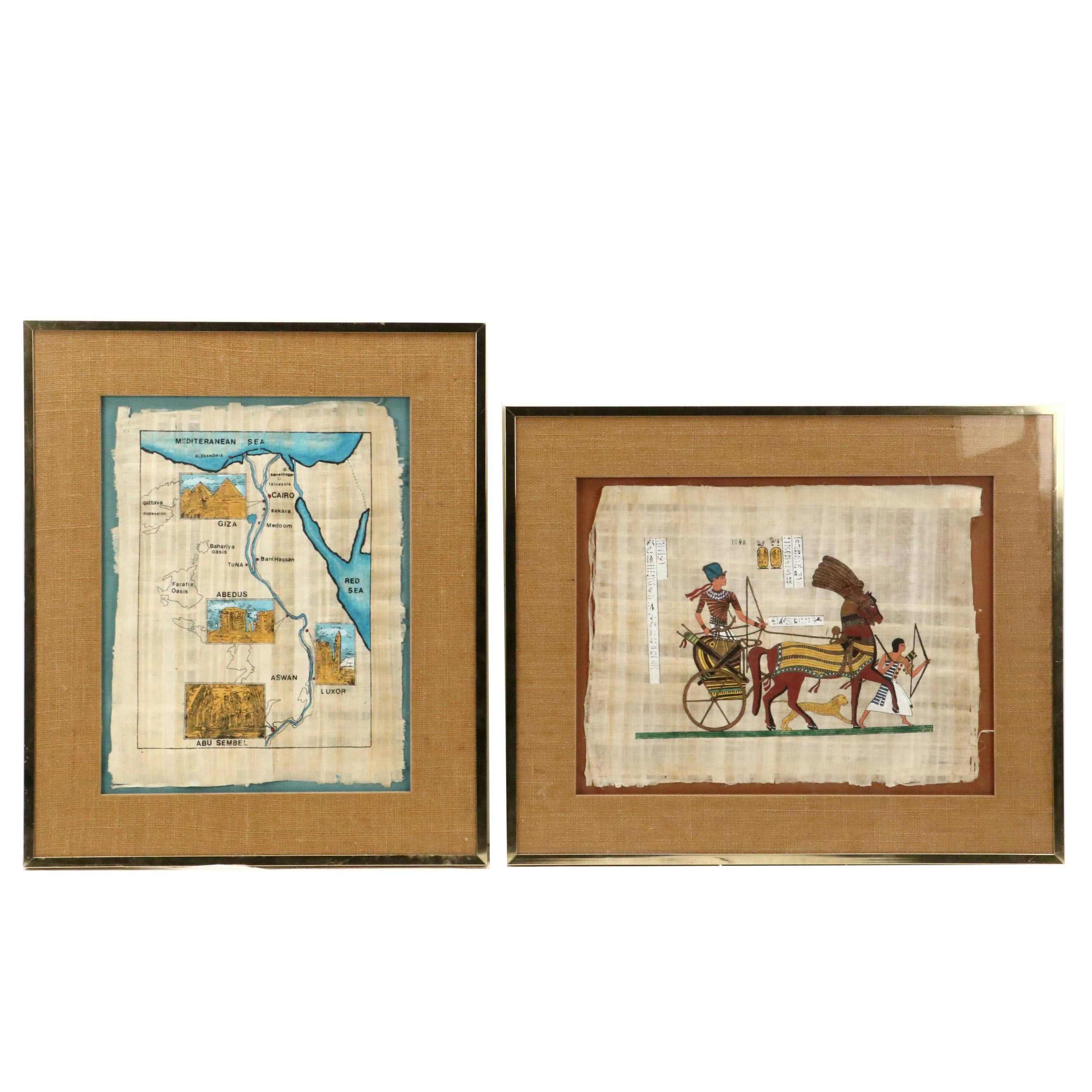 Egyptian Style Souvenir Papyrus Paintings of Nile River Map and Chariot Scene