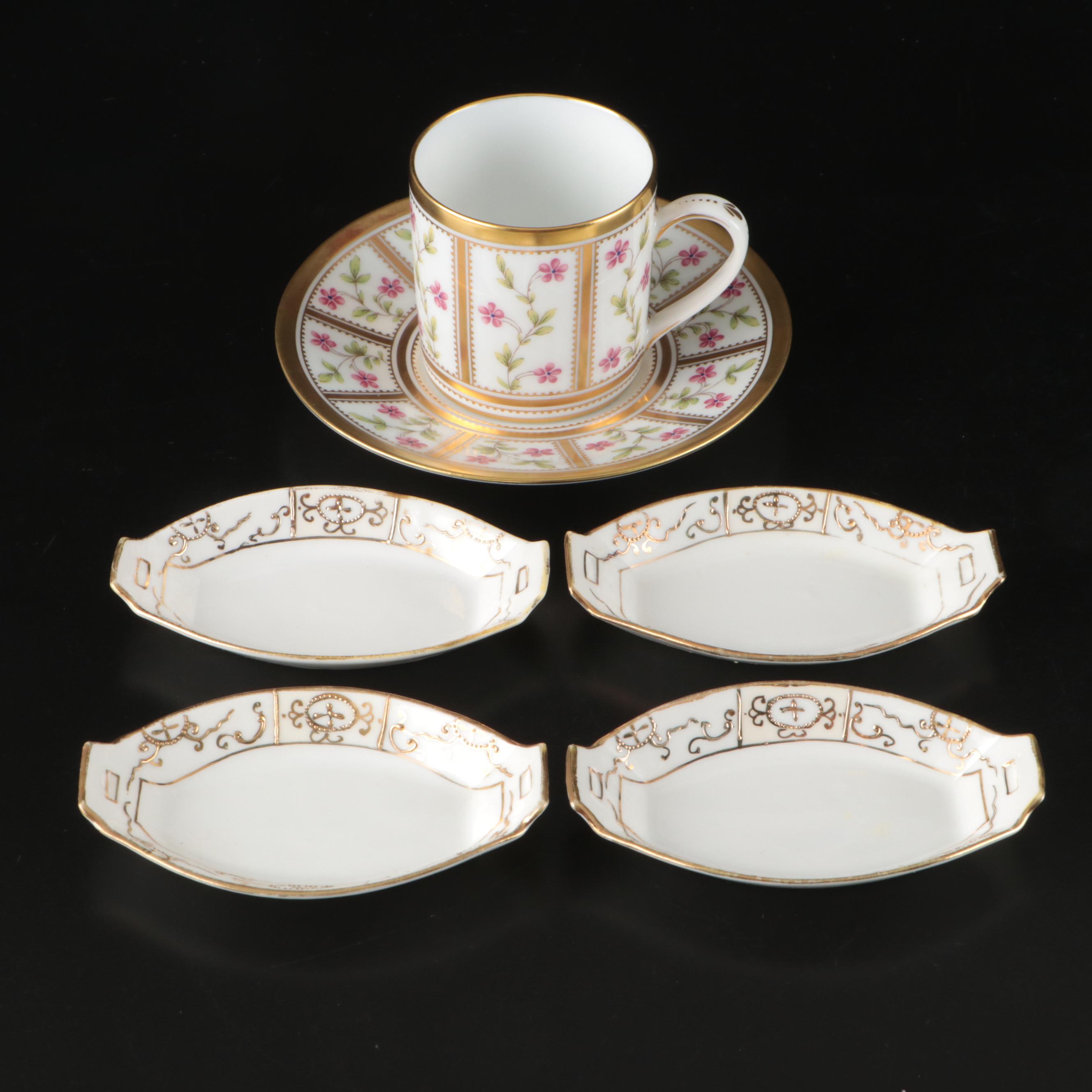 French Gilt Porcelain Cup and Saucer with Japanese Sauce Dishes