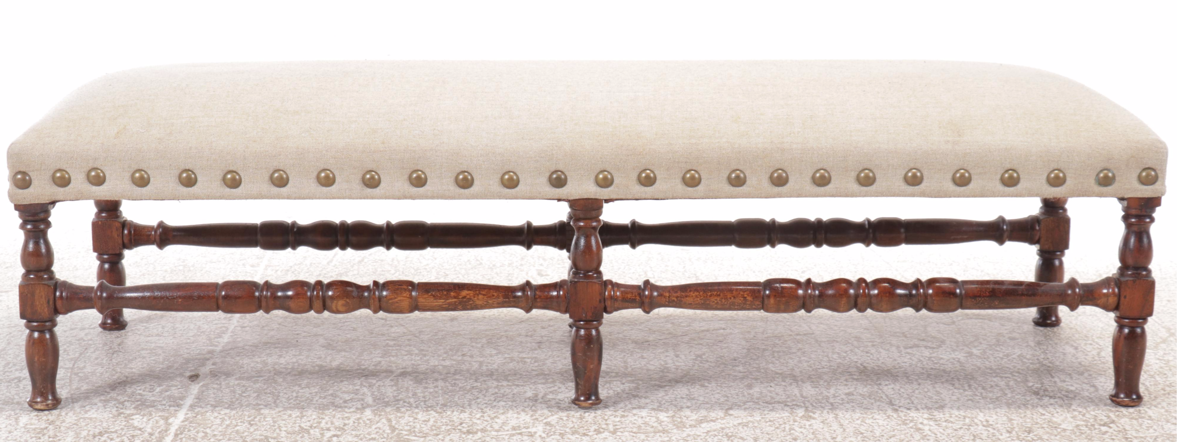 Spanish Baroque Style Nailhead Trimmed Fabric Upholstered Bench