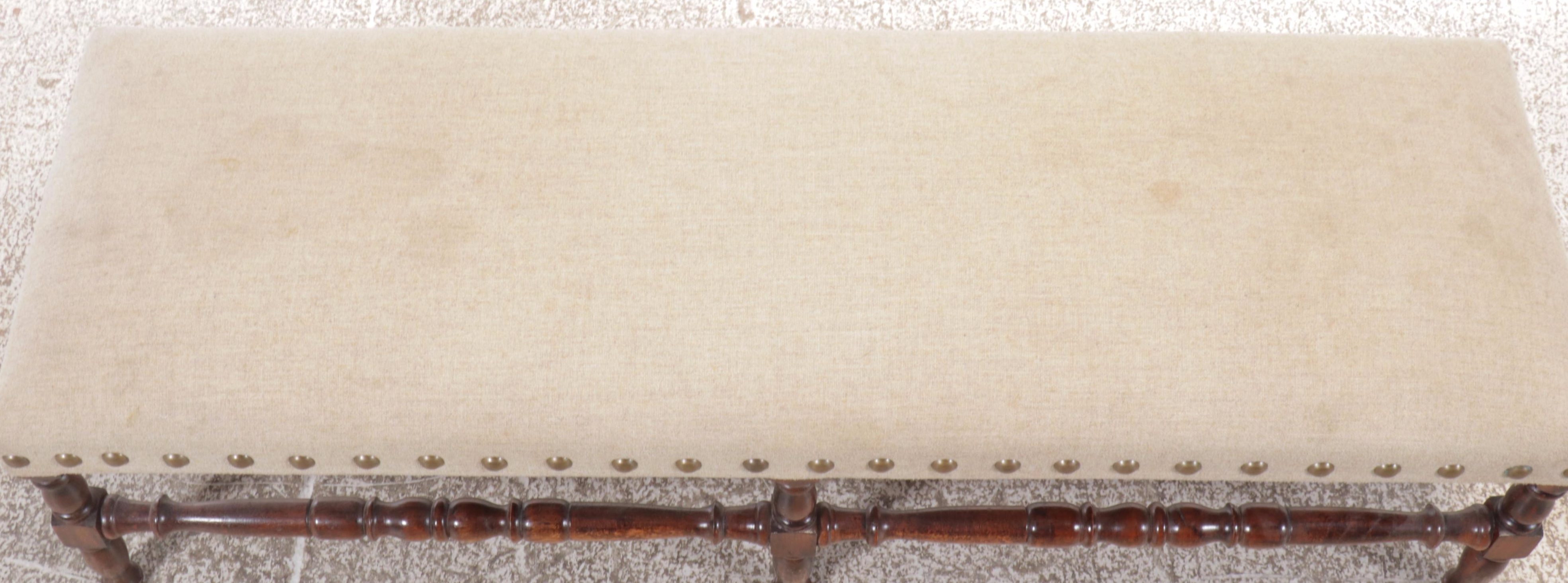 Spanish Baroque Style Nailhead Trimmed Fabric Upholstered Bench
