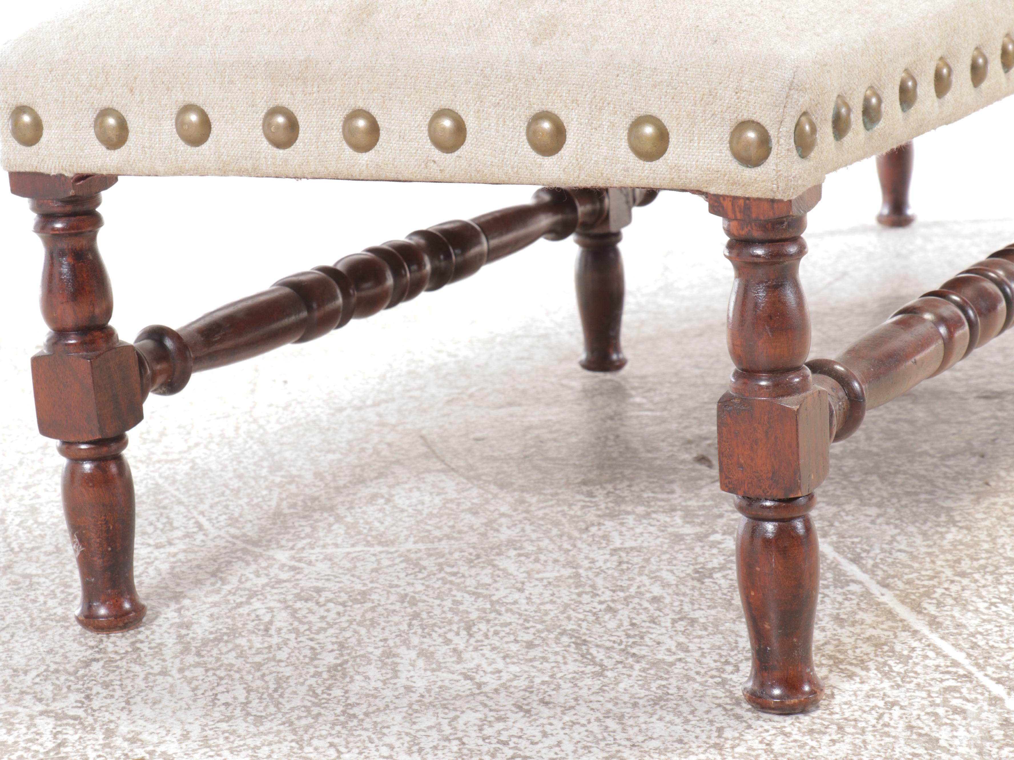 Spanish Baroque Style Nailhead Trimmed Fabric Upholstered Bench