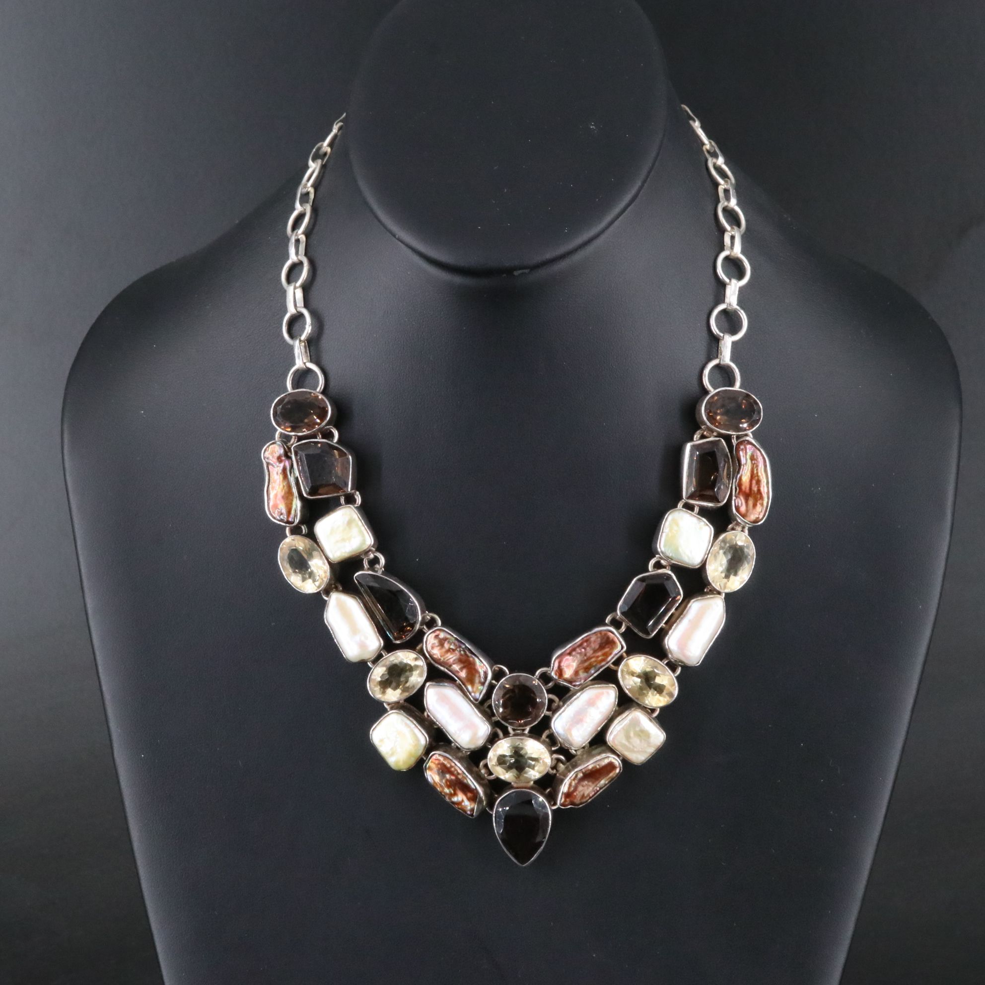Sterling Bib Necklace with Pearl, Smoky Quartz, and Citrine