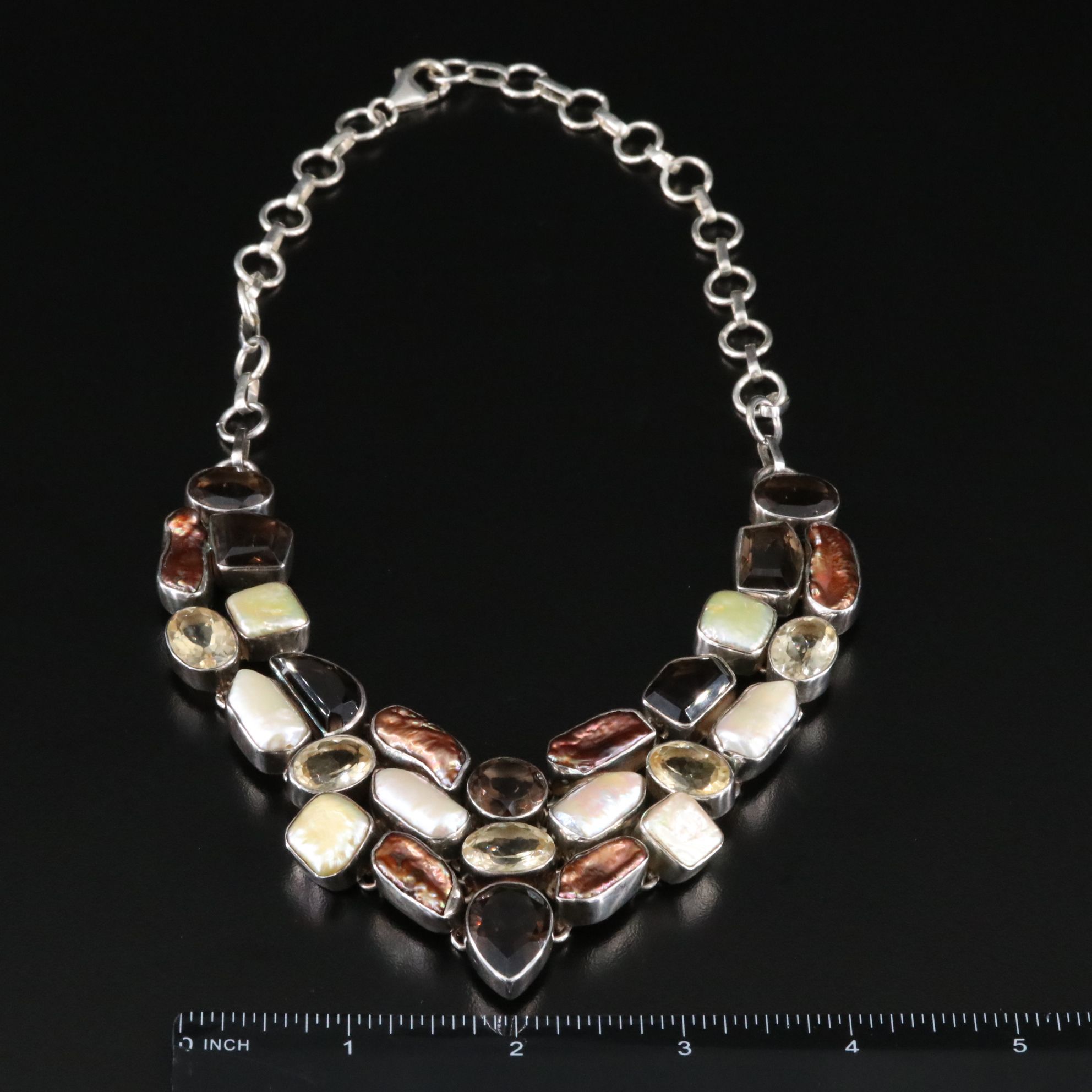 Sterling Bib Necklace with Pearl, Smoky Quartz, and Citrine