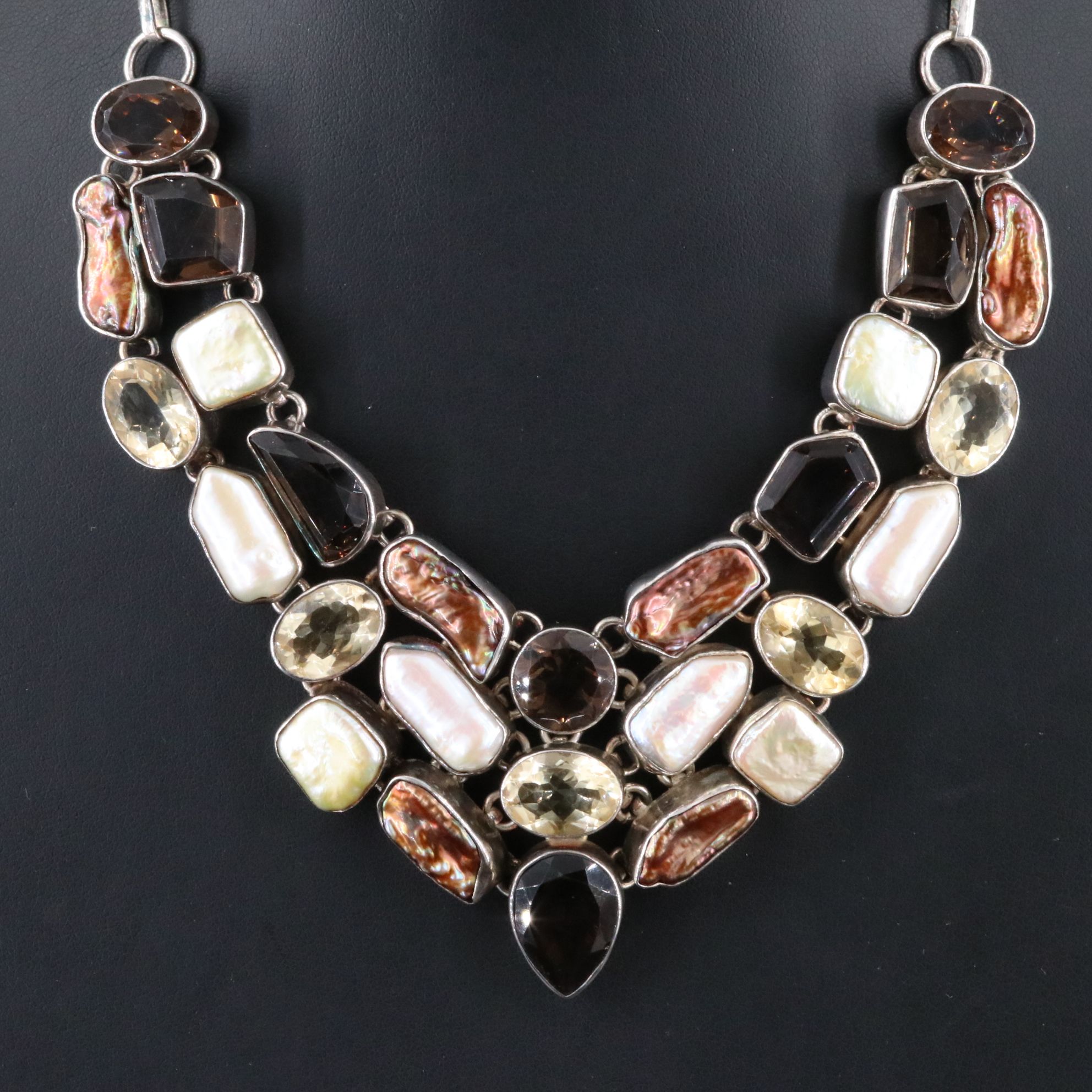 Sterling Bib Necklace with Pearl, Smoky Quartz, and Citrine