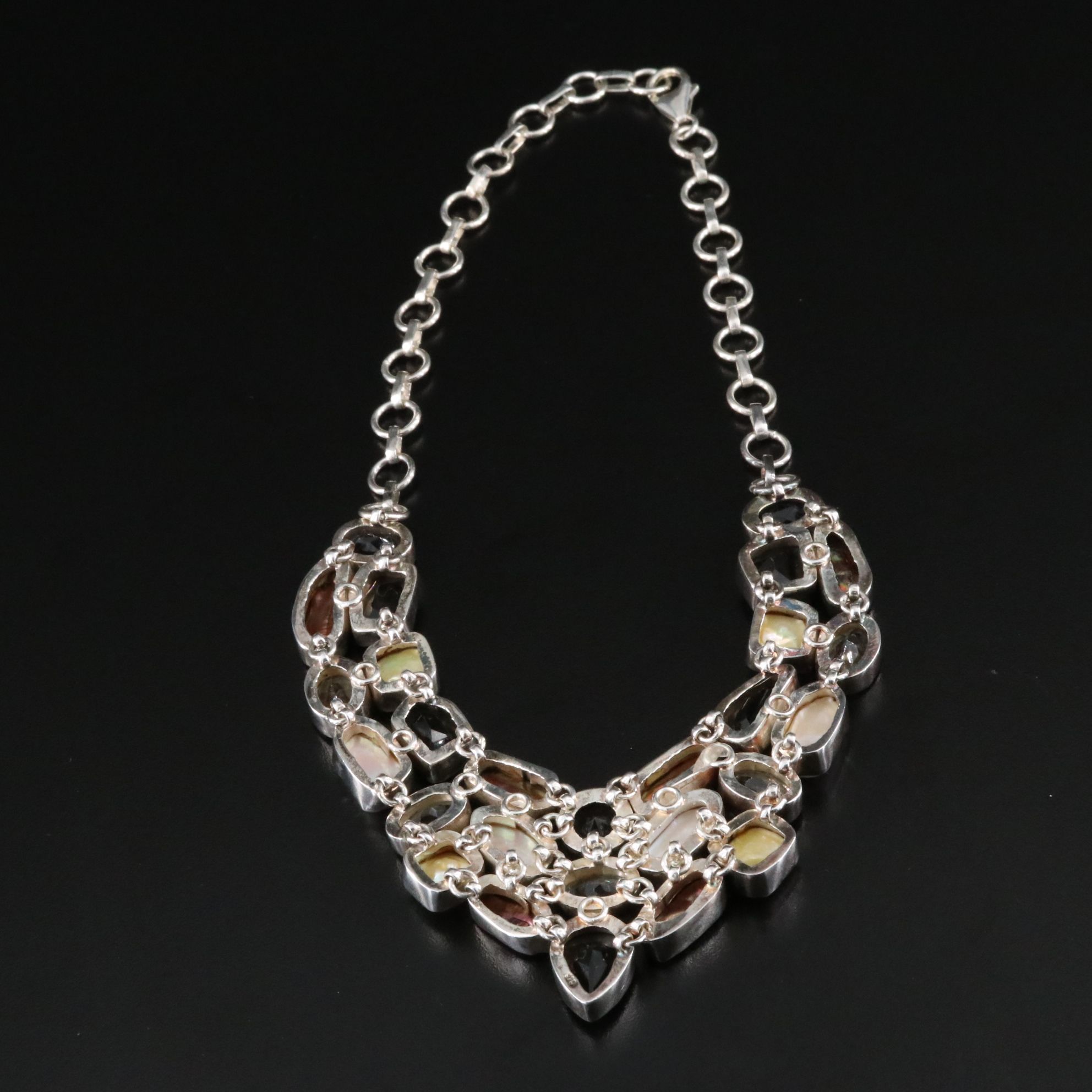 Sterling Bib Necklace with Pearl, Smoky Quartz, and Citrine