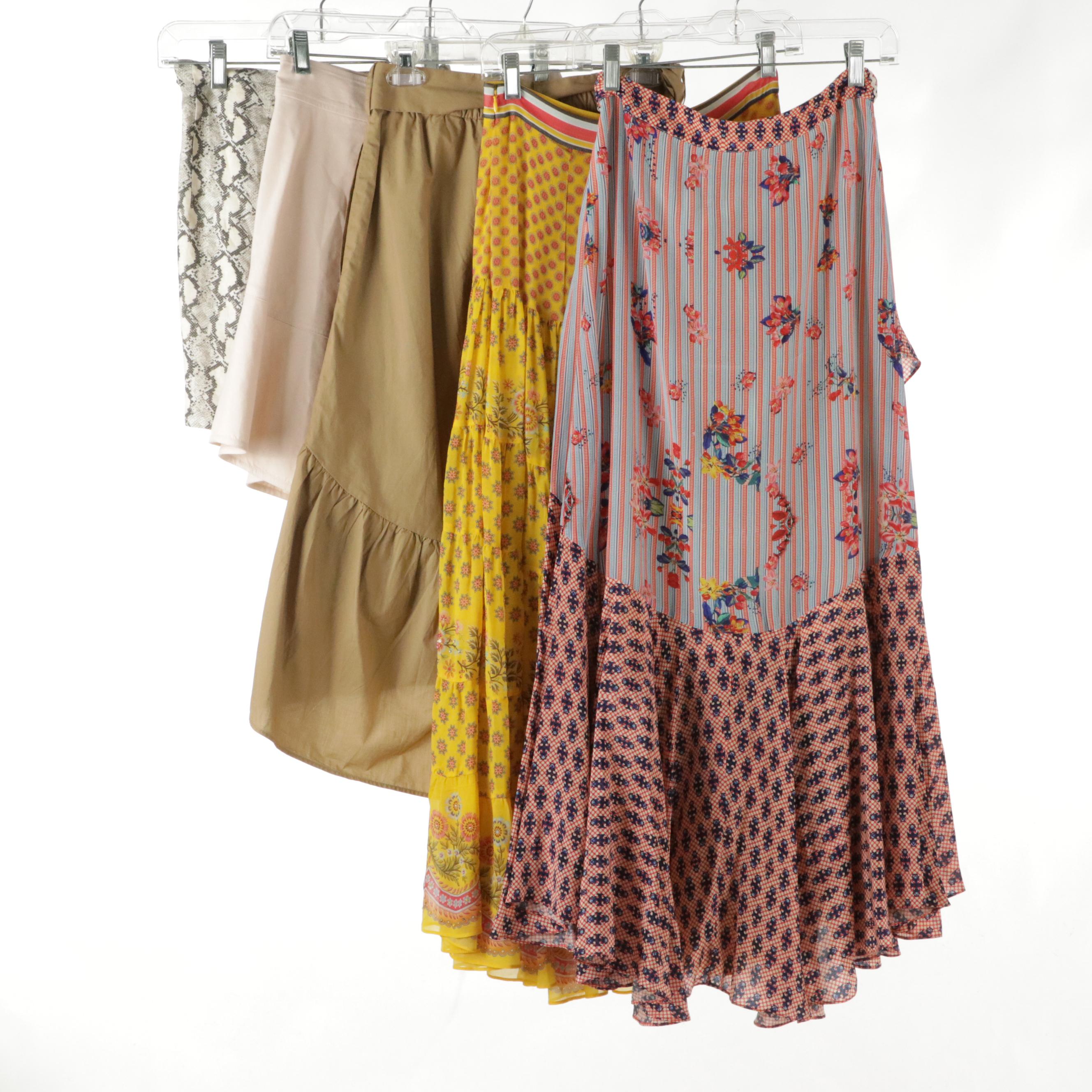 A.L.C. Ruffled Pink Denim Miniskirt, J. Crew Khaki Cotton Flare Skirt, and More