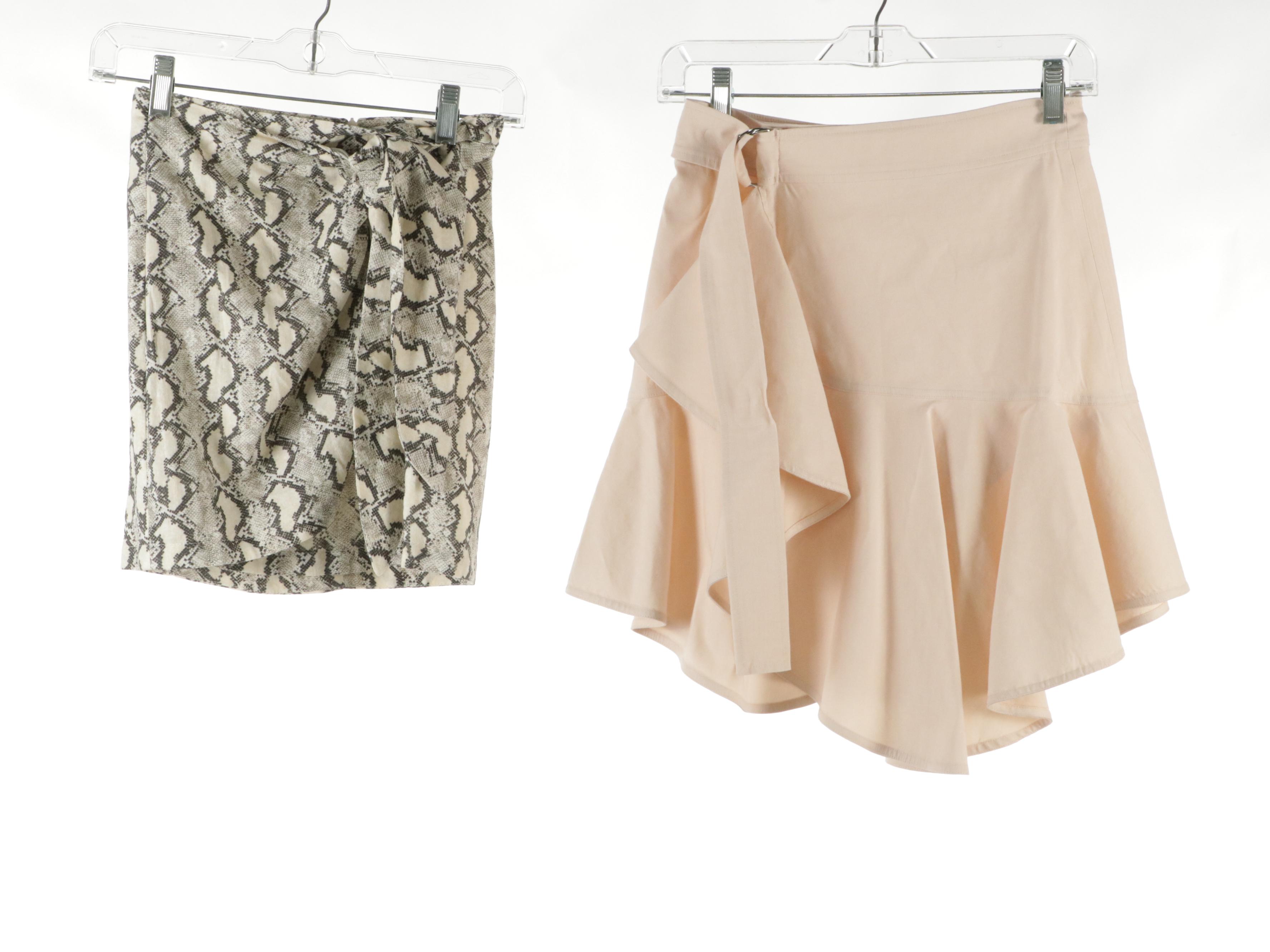 A.L.C. Ruffled Pink Denim Miniskirt, J. Crew Khaki Cotton Flare Skirt, and More