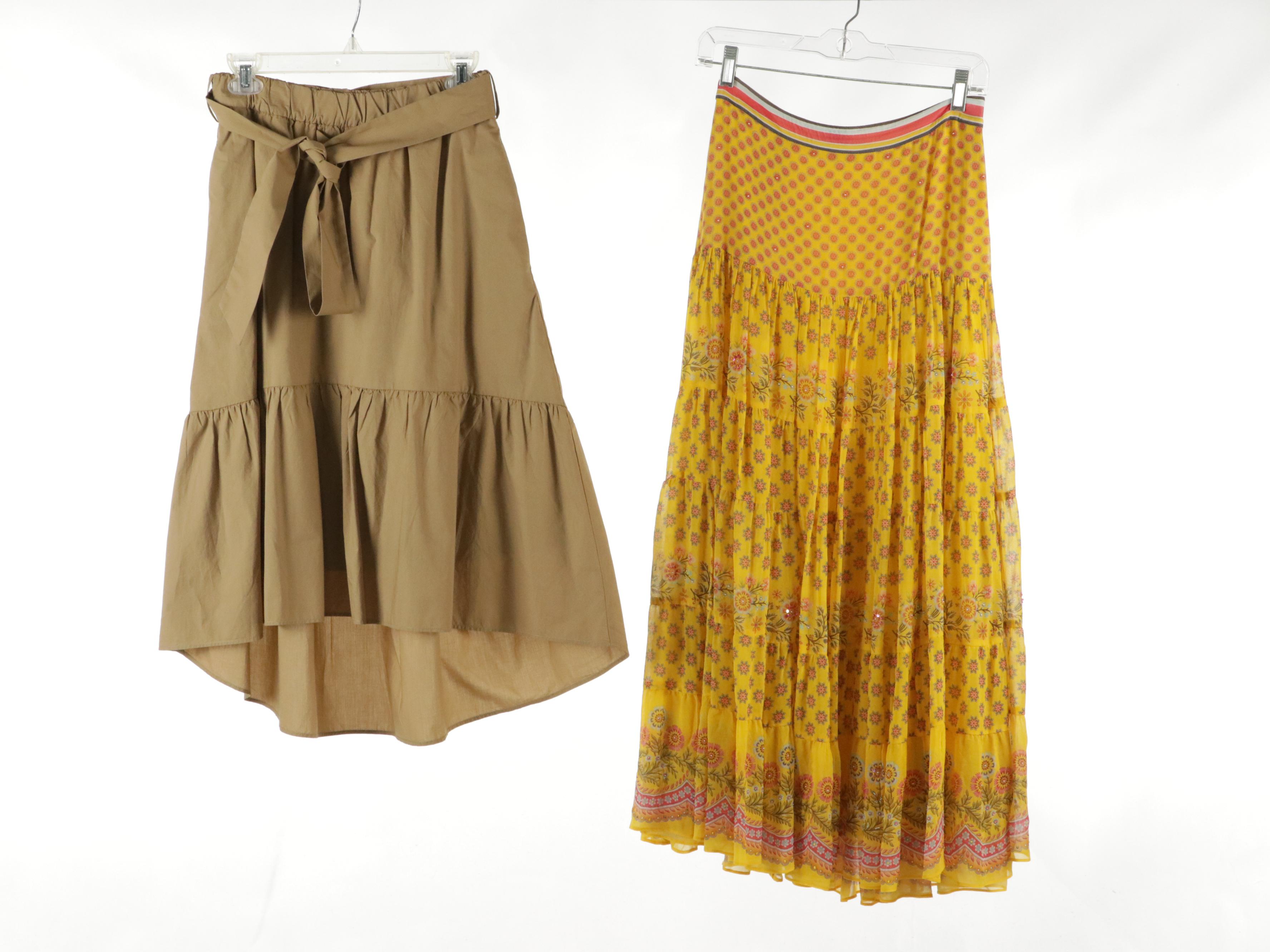 A.L.C. Ruffled Pink Denim Miniskirt, J. Crew Khaki Cotton Flare Skirt, and More