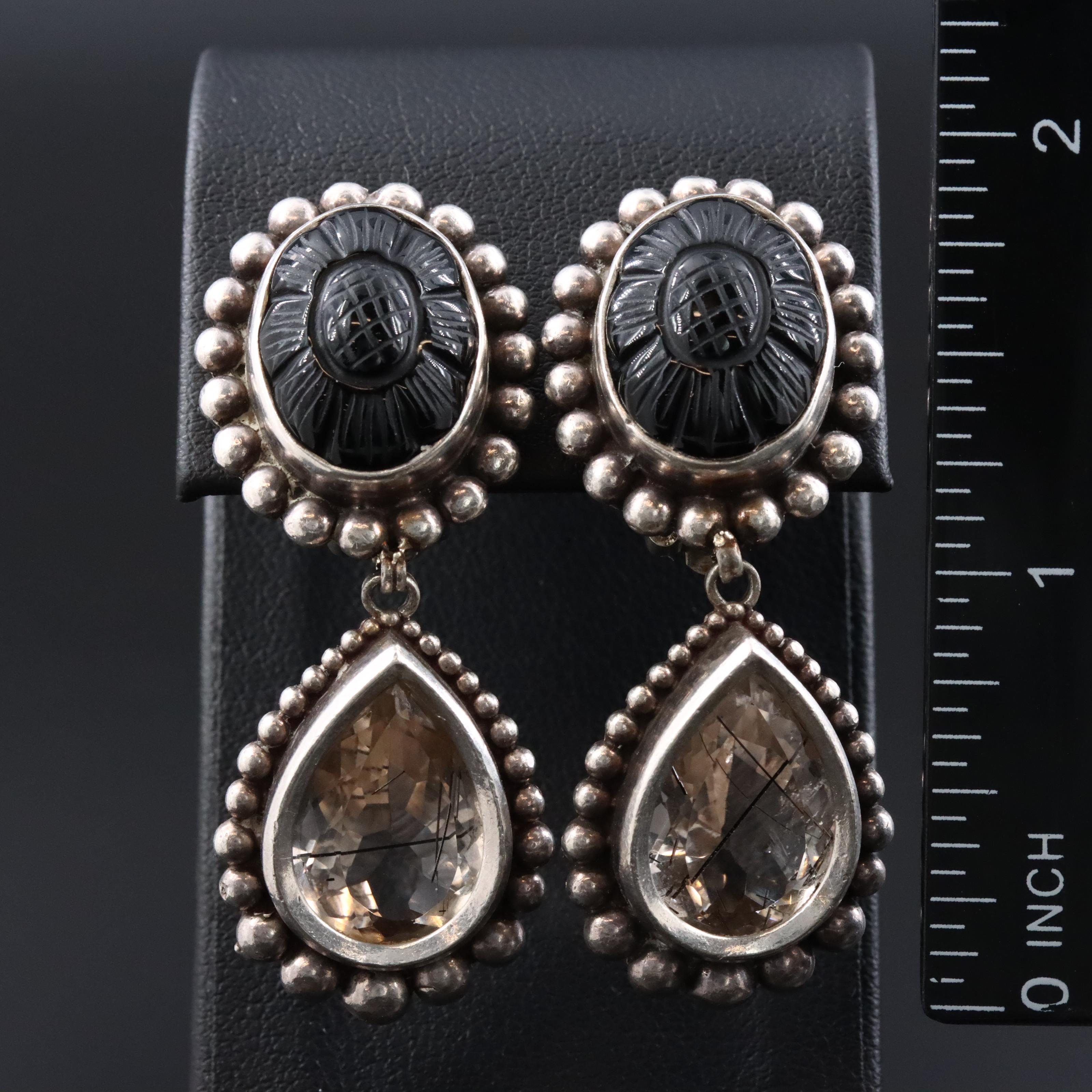 Stephen Dweck Sterling Pendant Earrings with Tourmalinated Quartz and Black Onyx