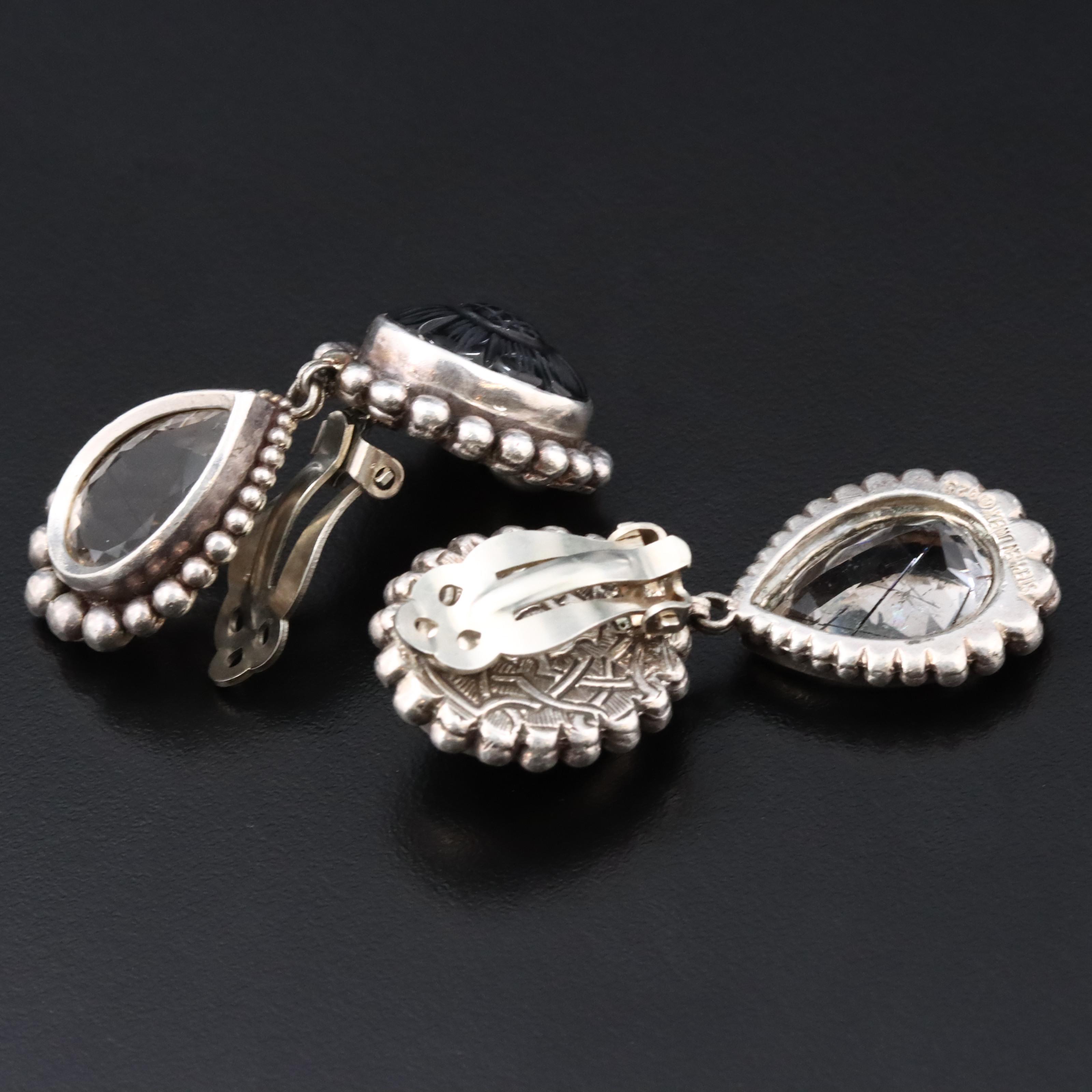 Stephen Dweck Sterling Pendant Earrings with Tourmalinated Quartz and Black Onyx