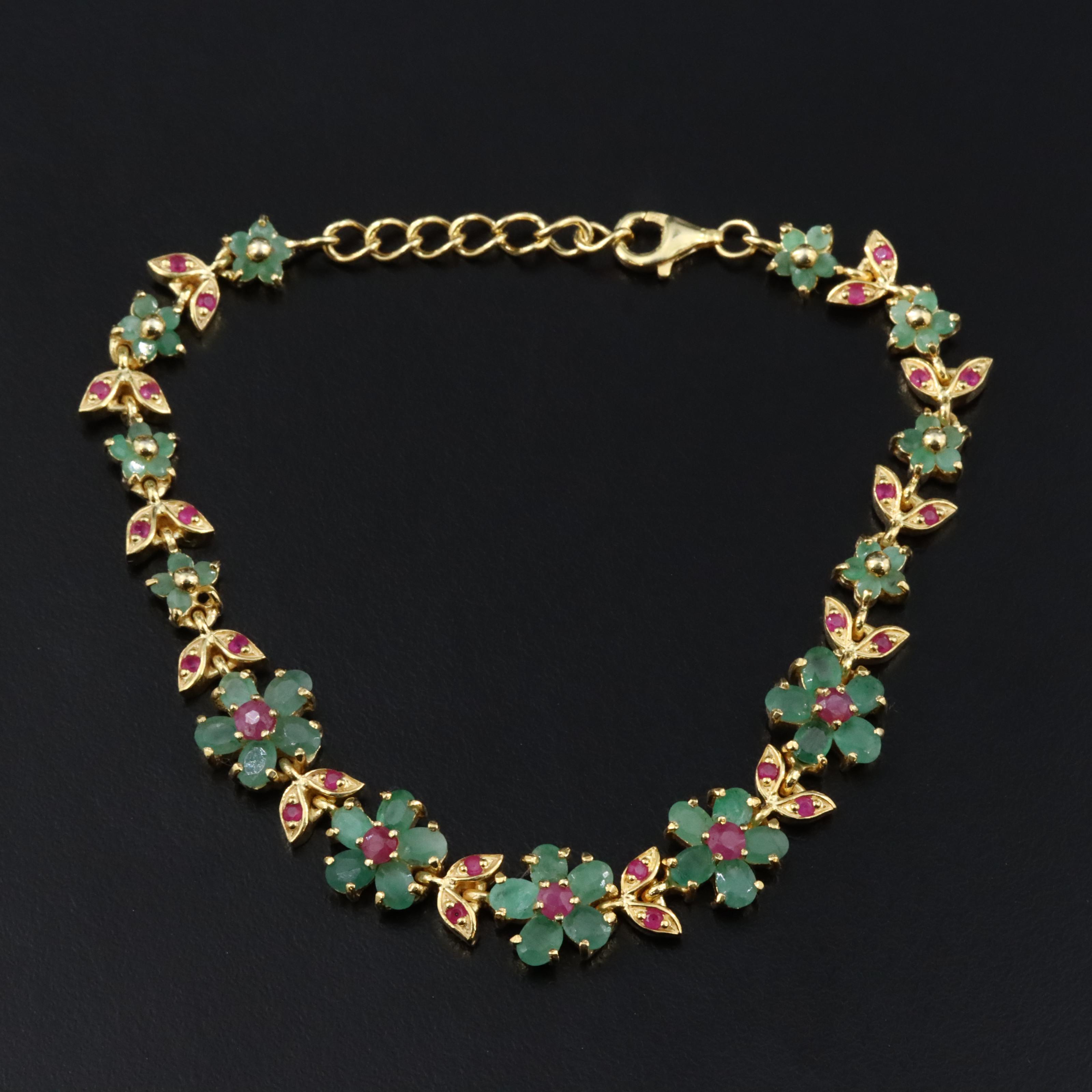 Sterling Silver Emerald and Ruby Floral Bracelet