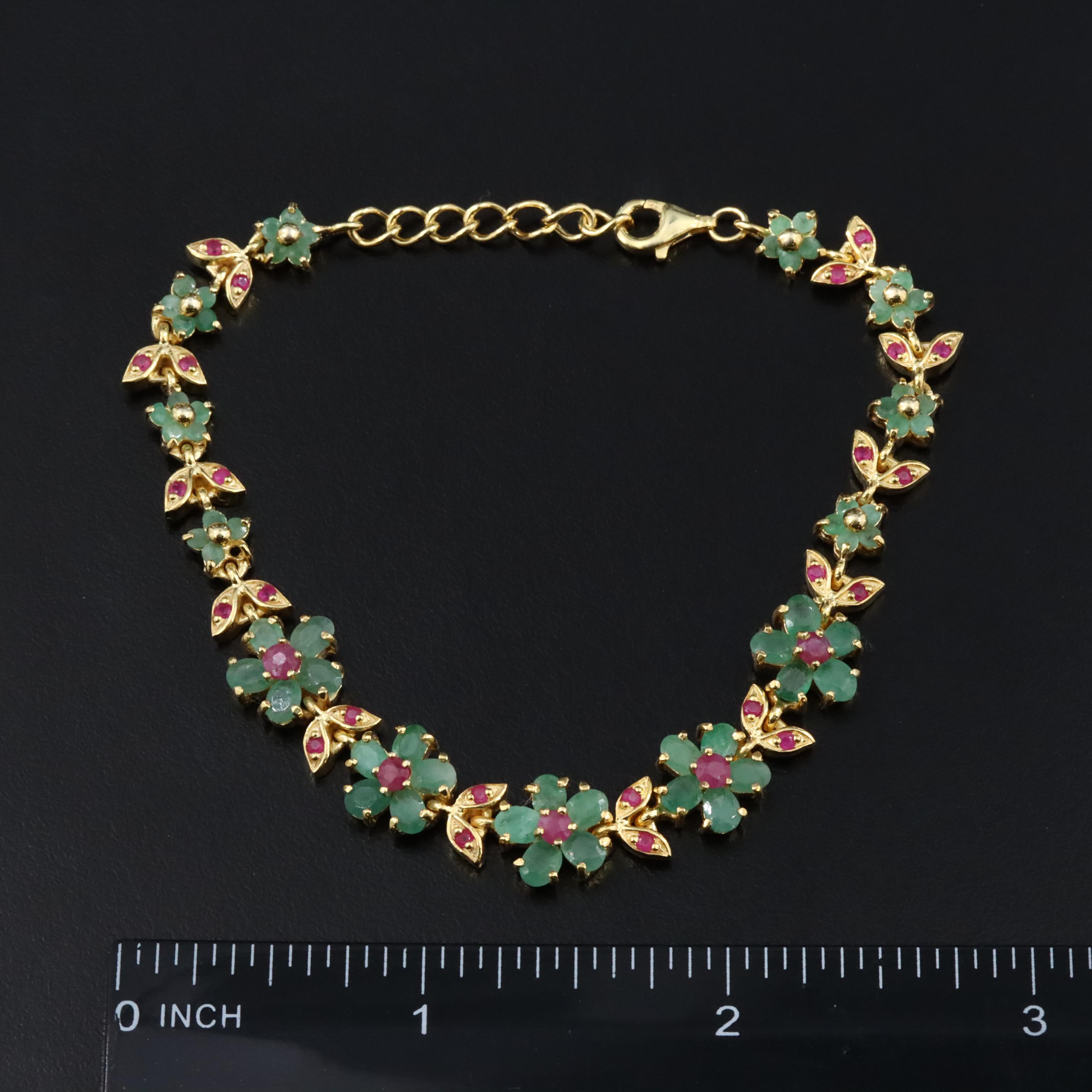 Sterling Silver Emerald and Ruby Floral Bracelet