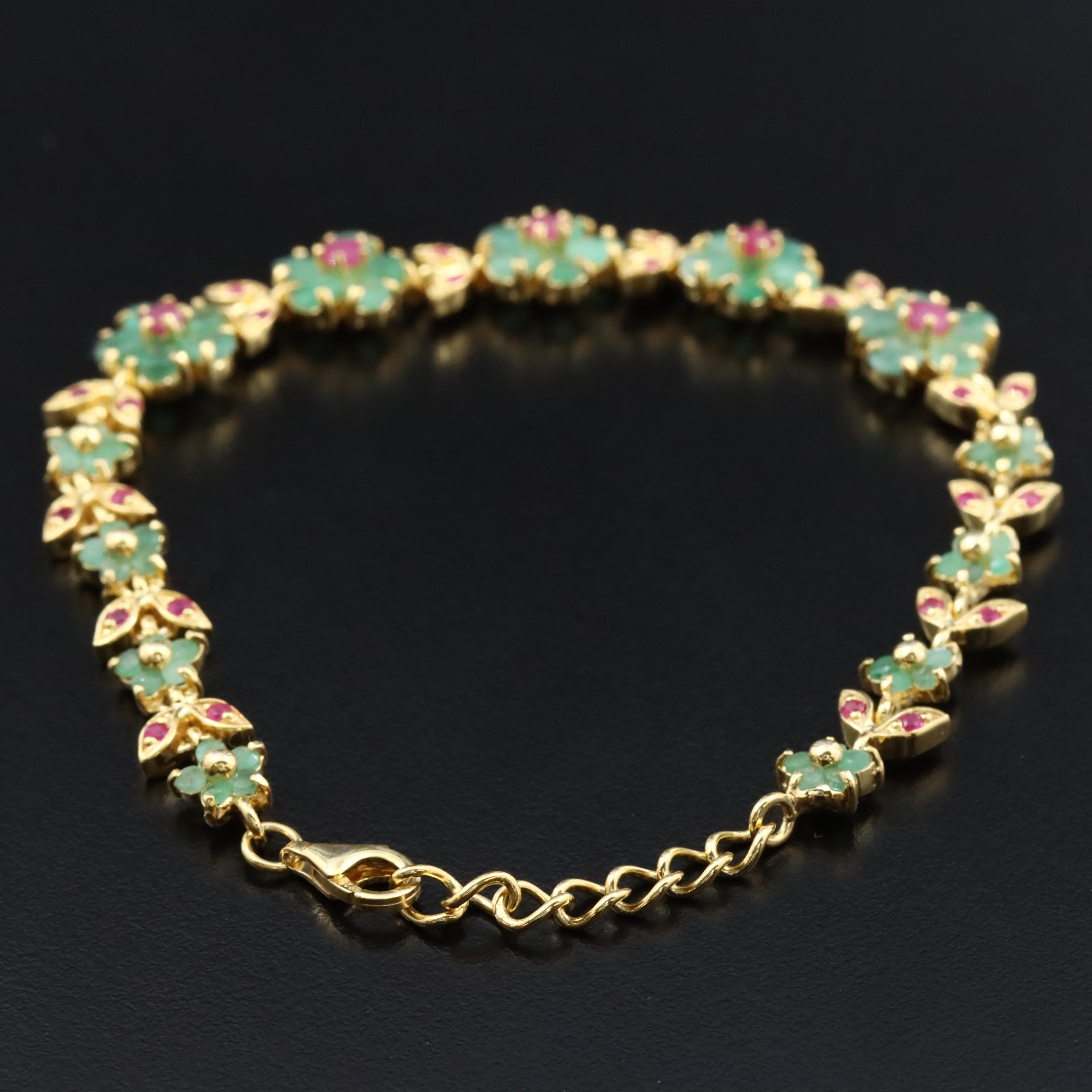Sterling Silver Emerald and Ruby Floral Bracelet
