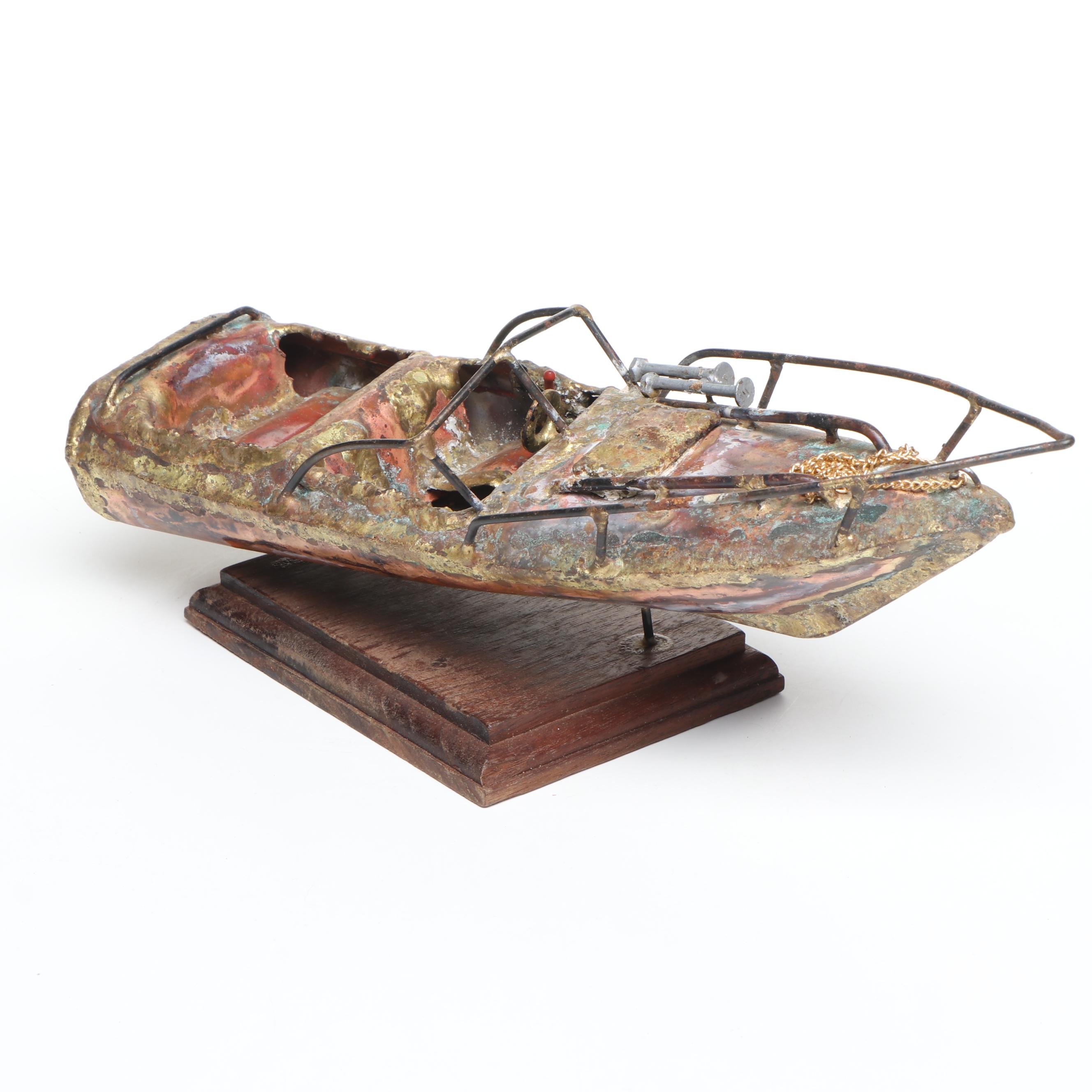 Brutalist Style Handmade Copper and Wire Speedboat on Wood Stand