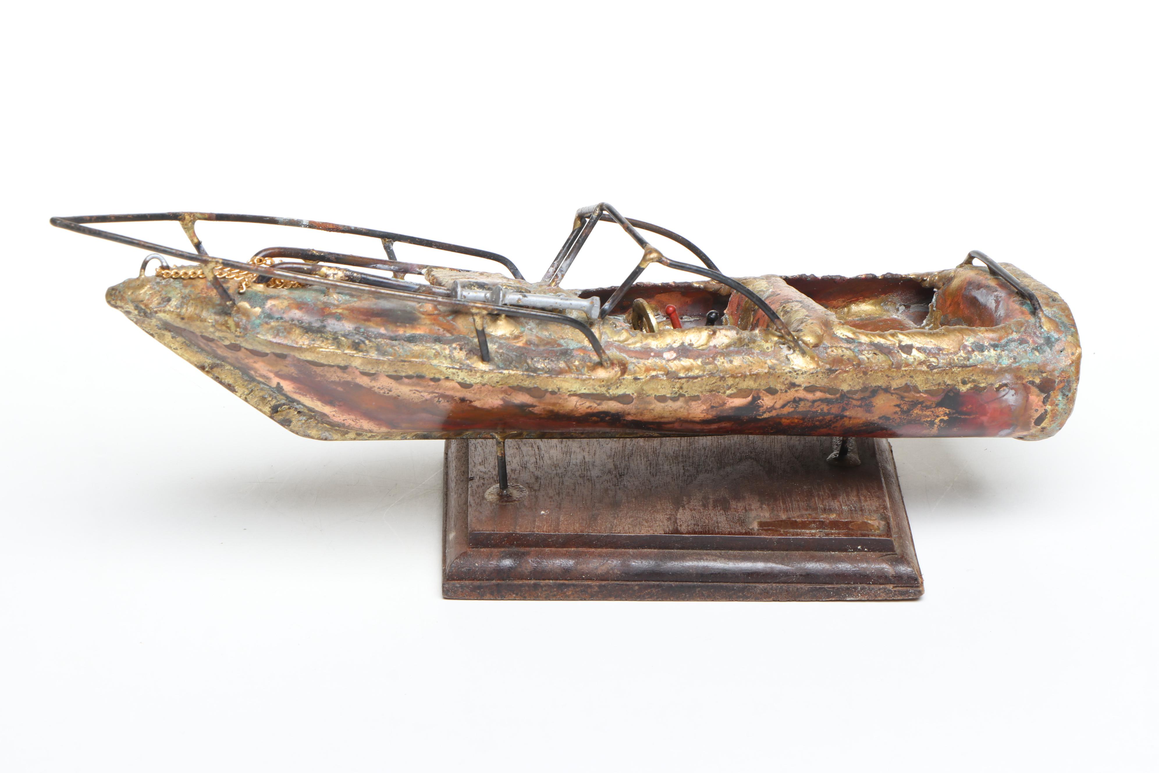 Brutalist Style Handmade Copper and Wire Speedboat on Wood Stand