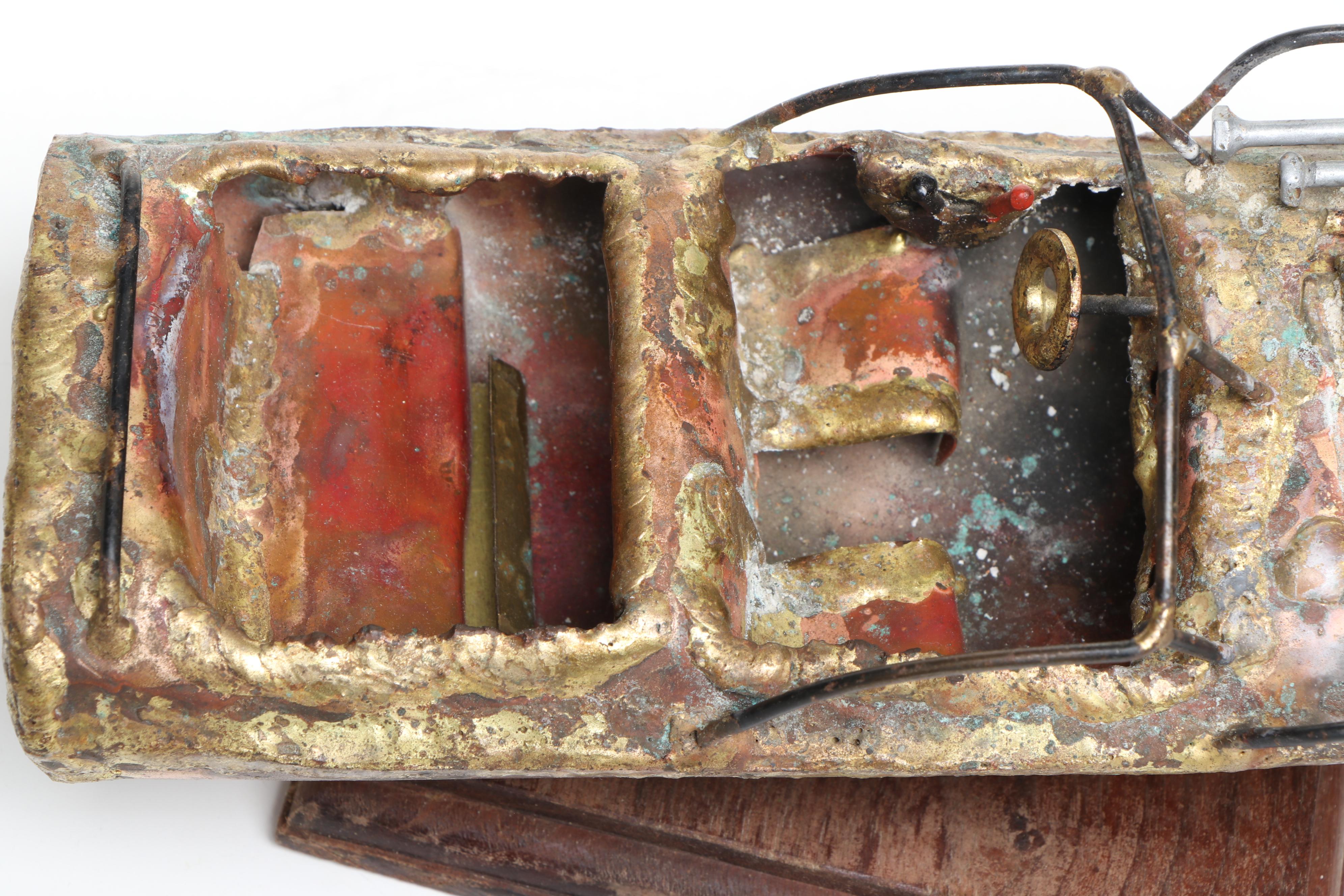 Brutalist Style Handmade Copper and Wire Speedboat on Wood Stand