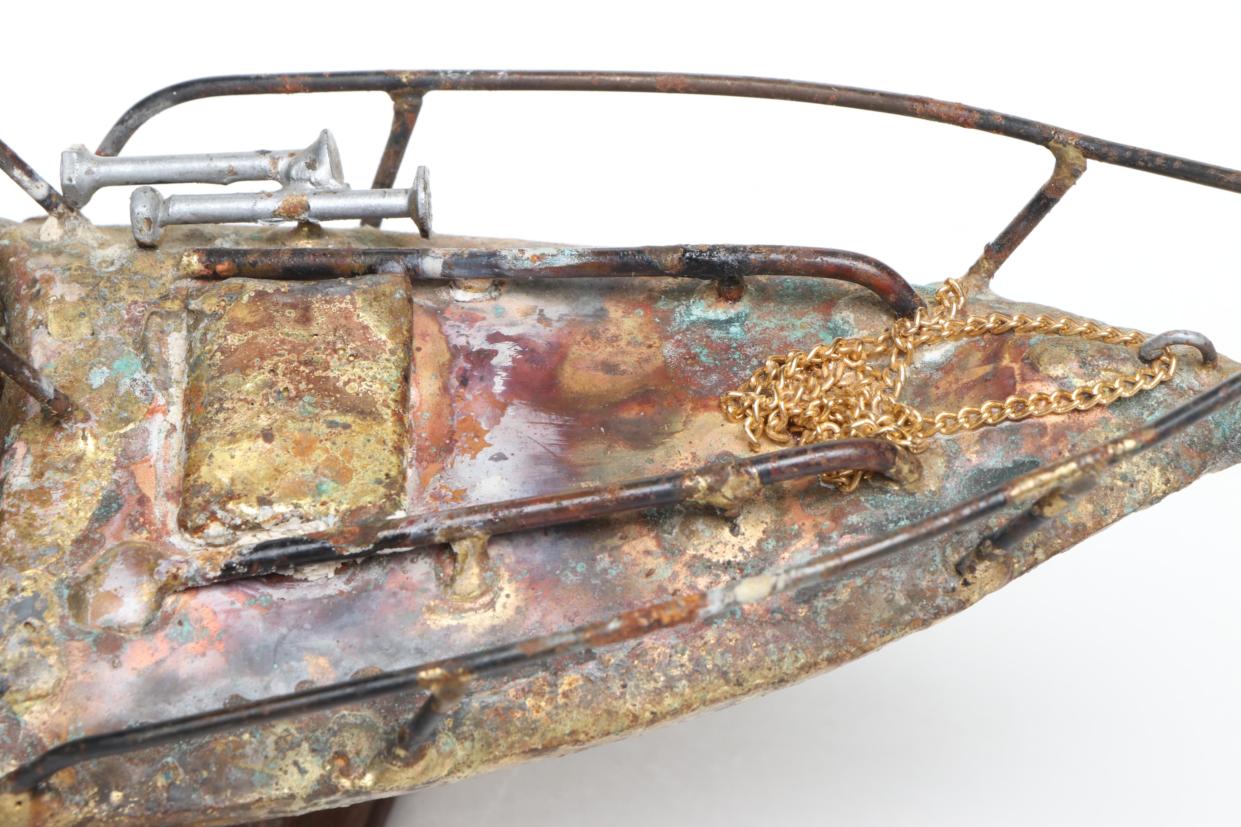 Brutalist Style Handmade Copper and Wire Speedboat on Wood Stand