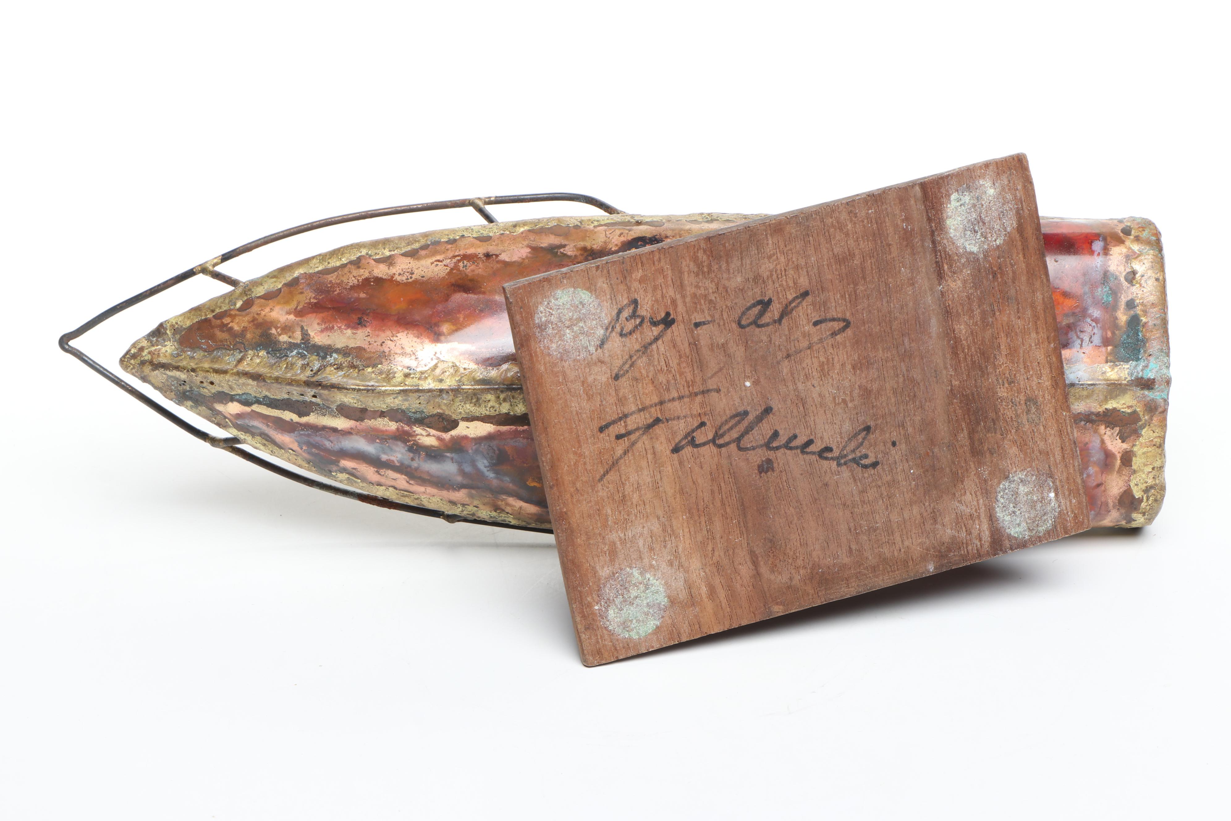 Brutalist Style Handmade Copper and Wire Speedboat on Wood Stand