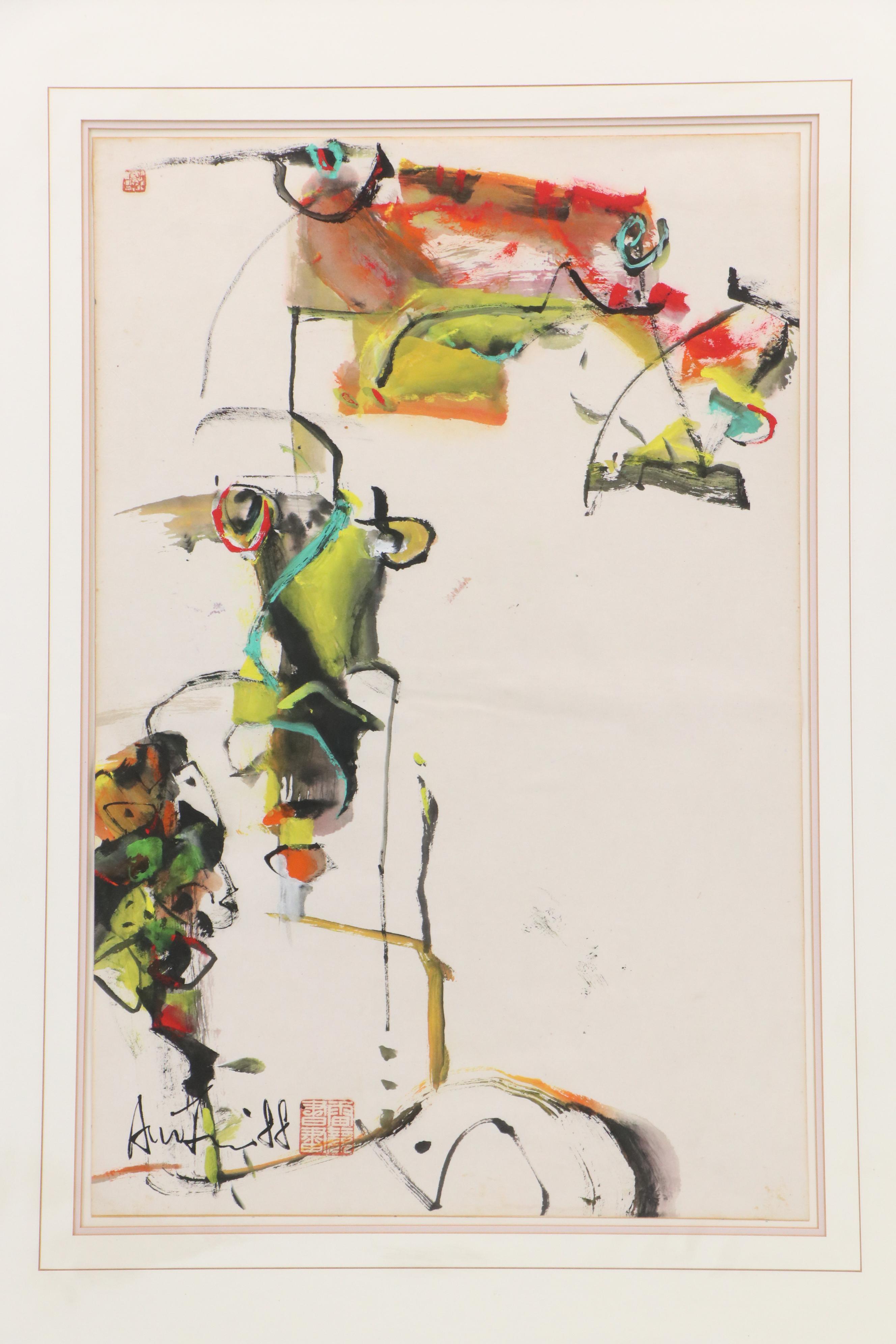 East Asian Abstract Gouache Painting, Circa 1965