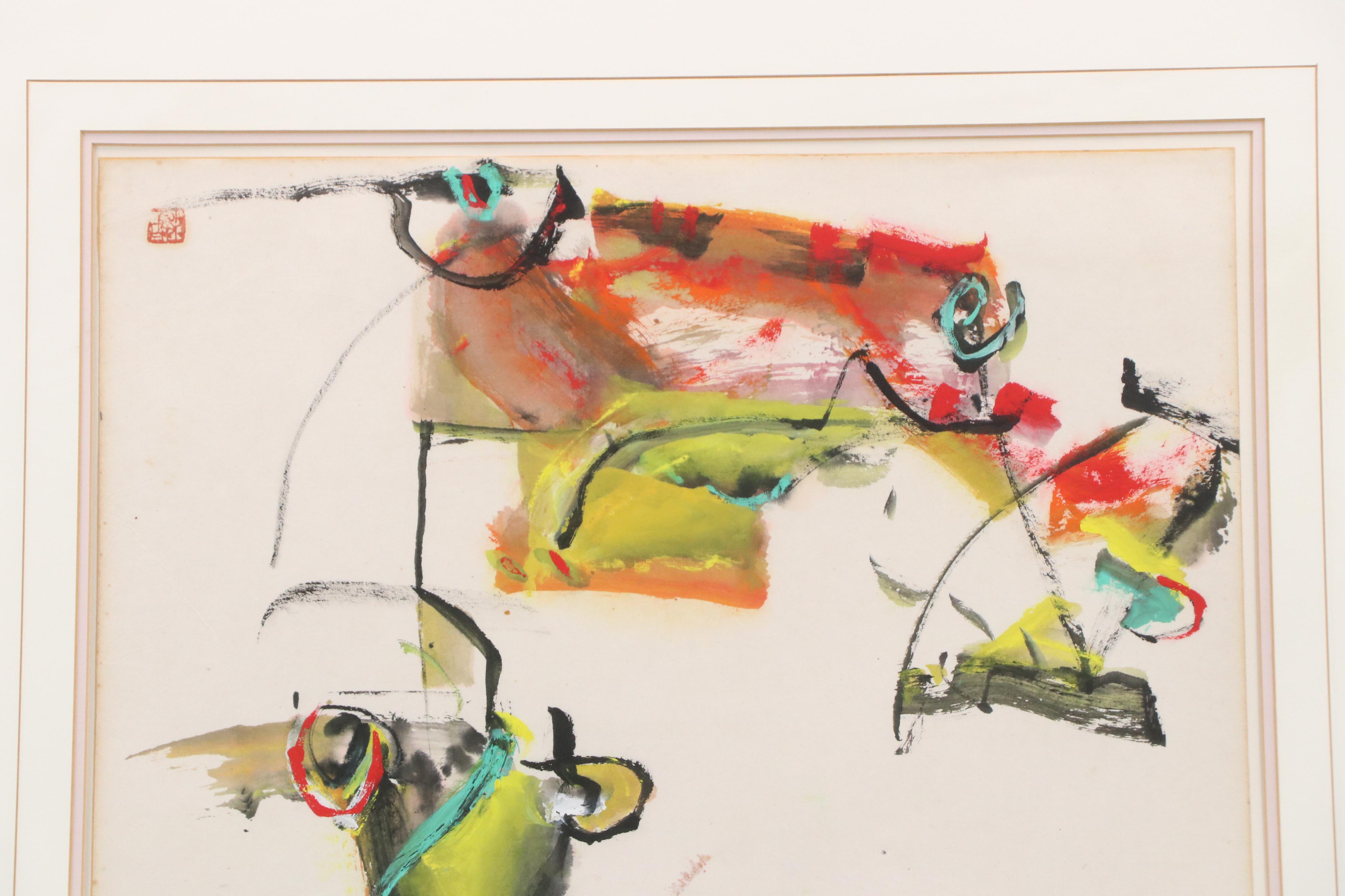 East Asian Abstract Gouache Painting, Circa 1965