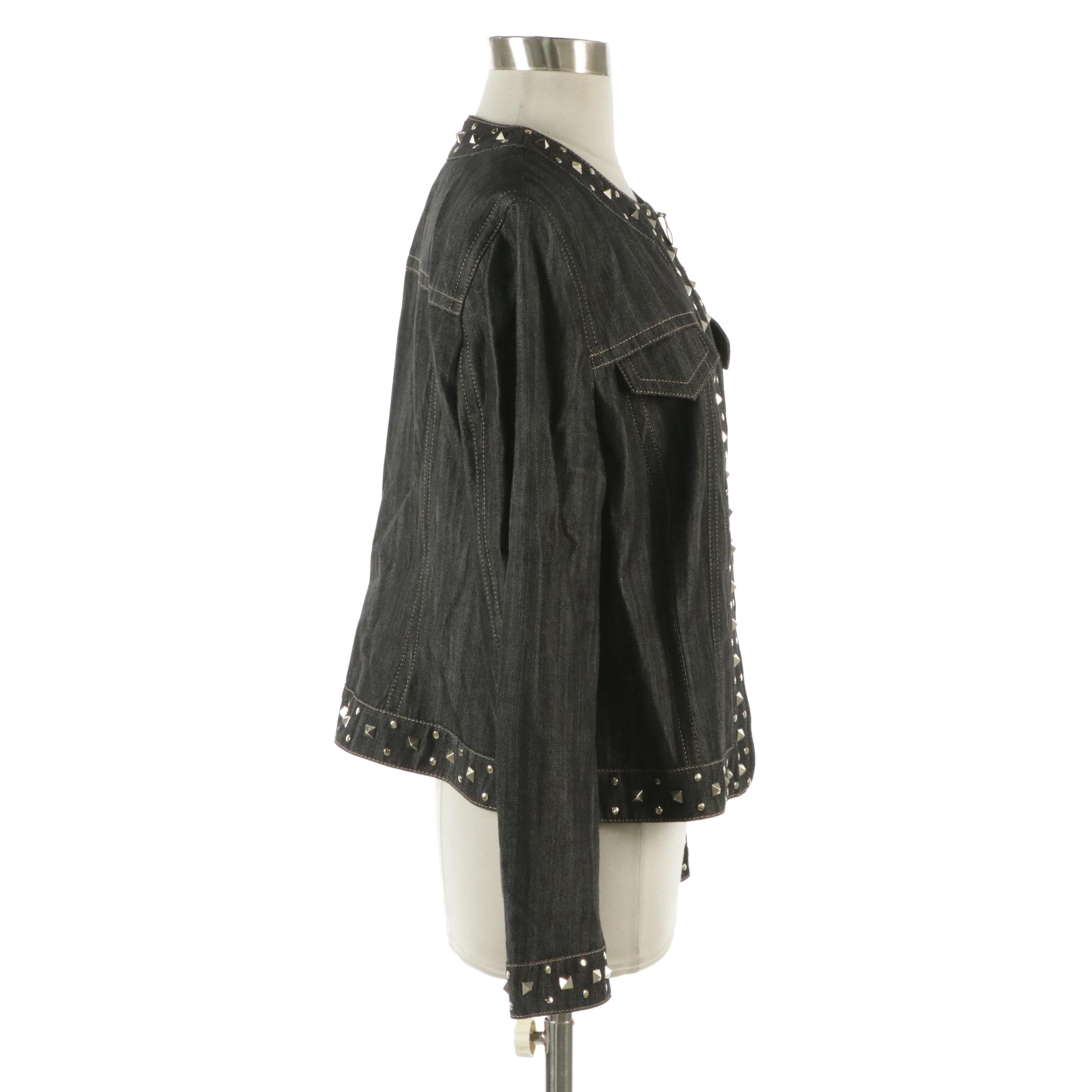 Escada Studded Grey Denim Zip Jacket