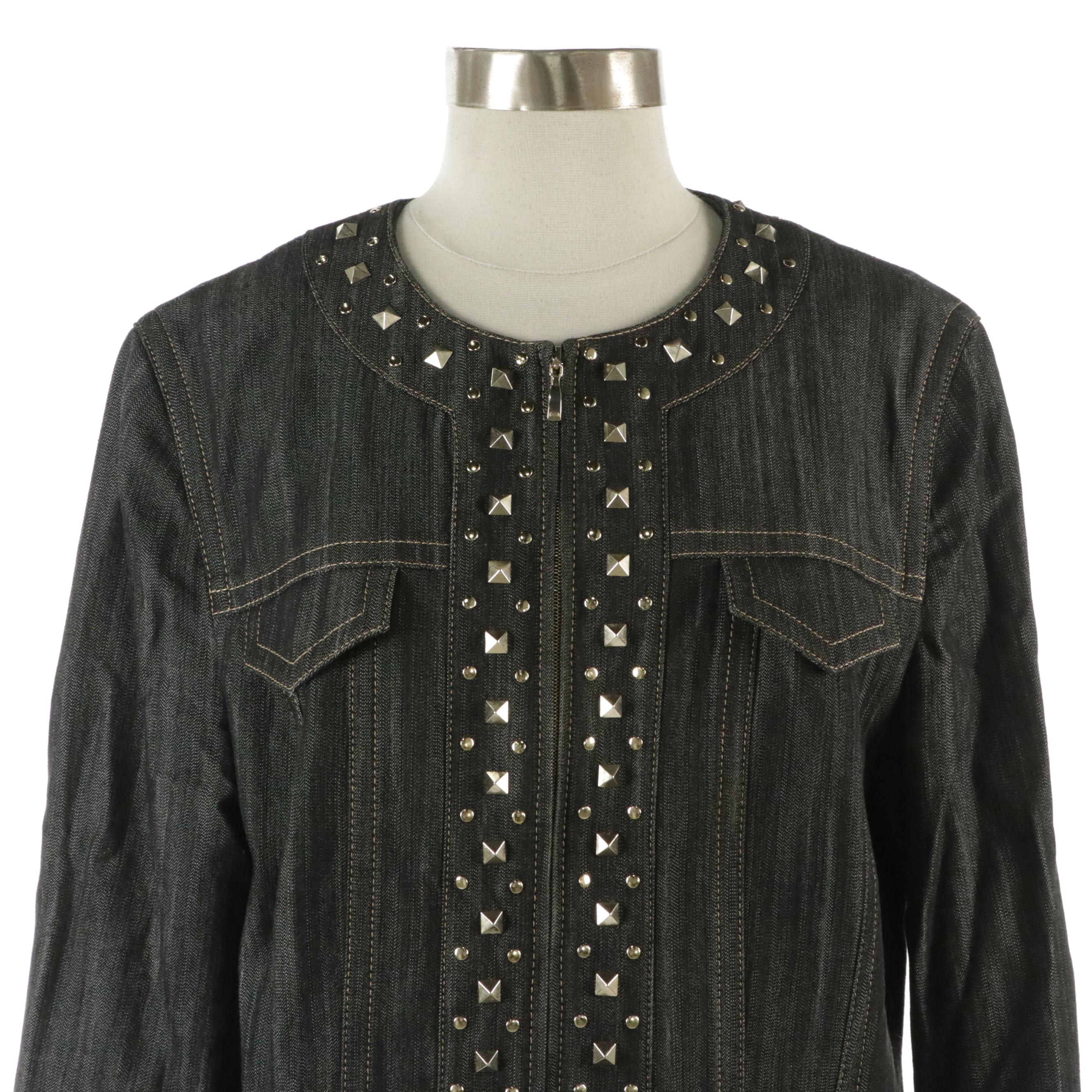 Escada Studded Grey Denim Zip Jacket