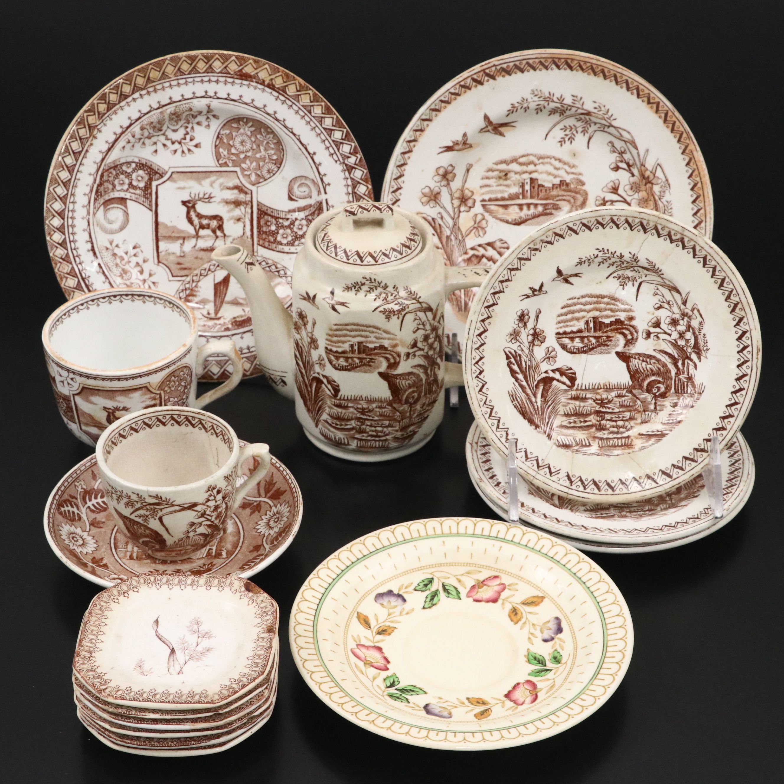 Woods "Brier" Plate with Other English Brown Transferware Tableware