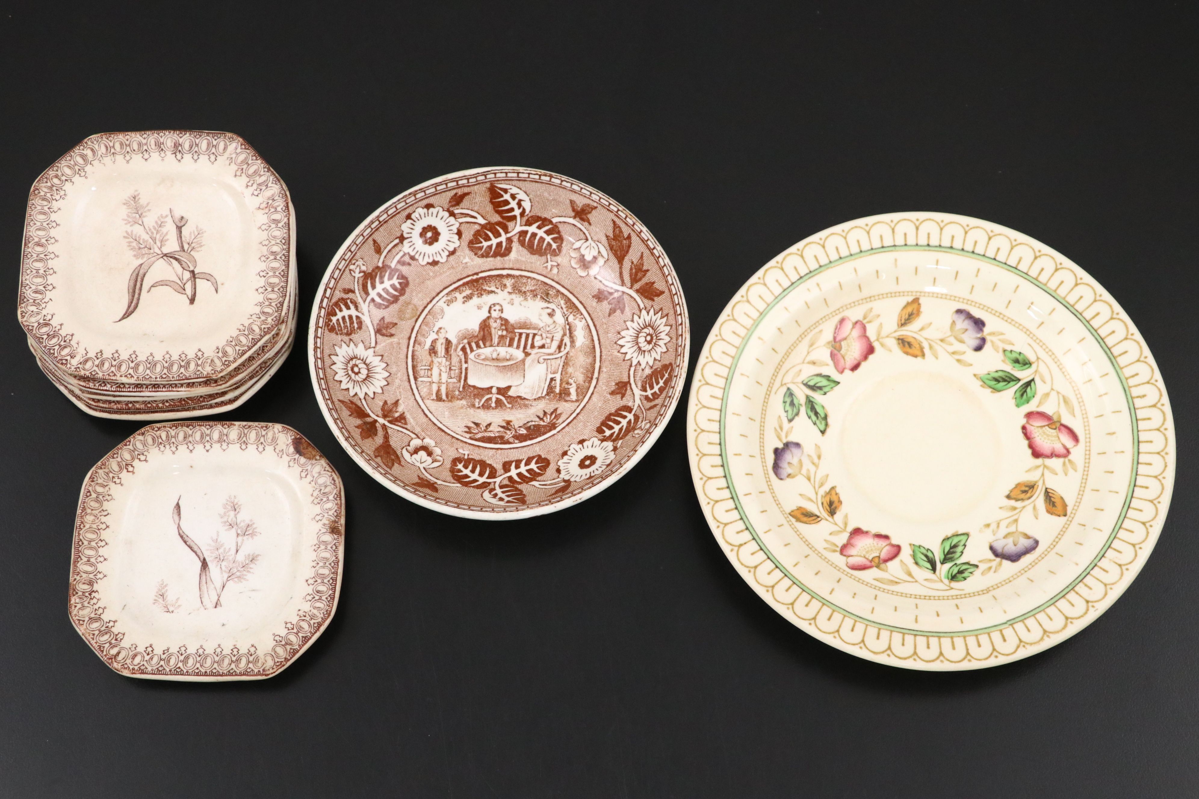 Woods "Brier" Plate with Other English Brown Transferware Tableware