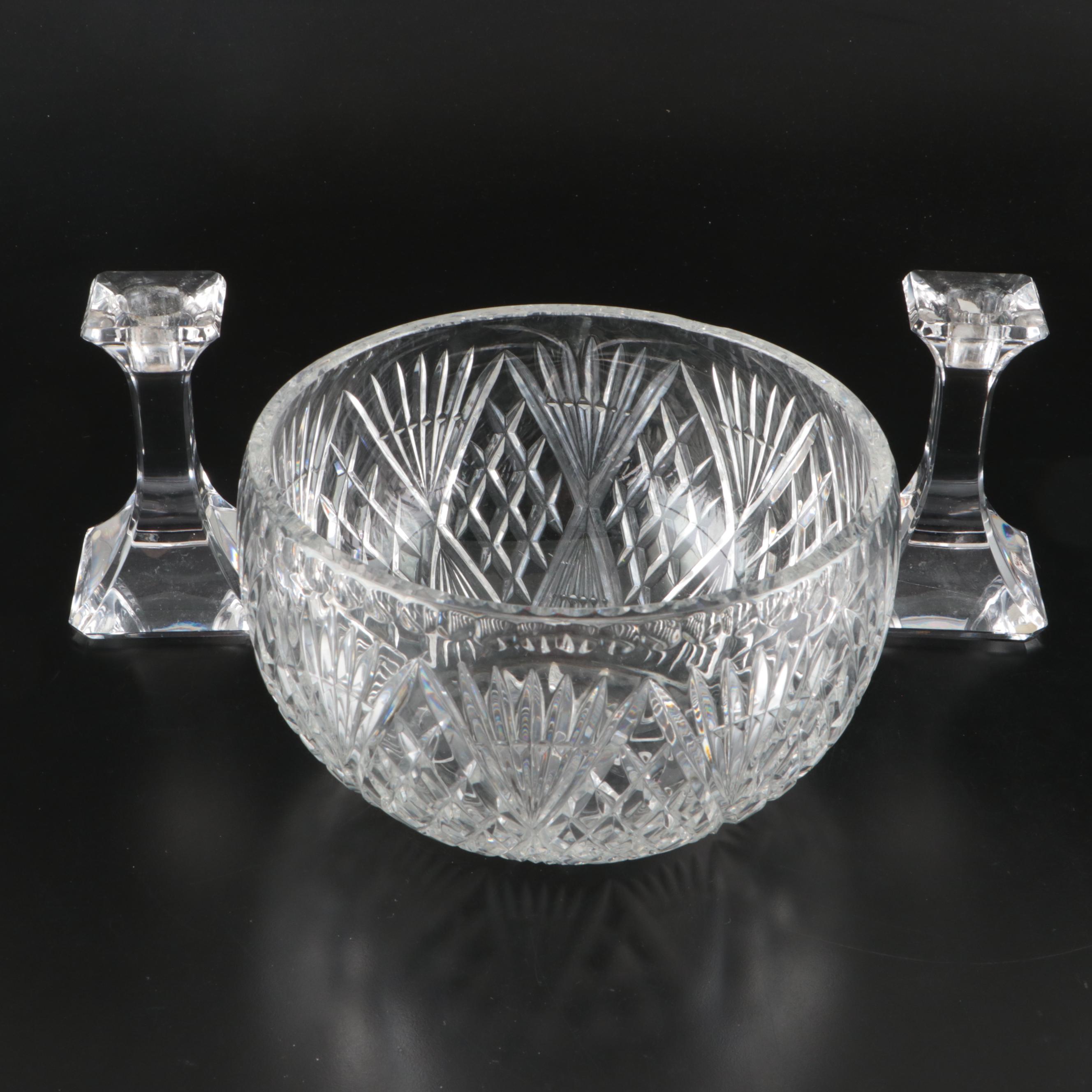 Orrefors Crystal Candlestick Pair with Other Crystal Centerpiece Bowl