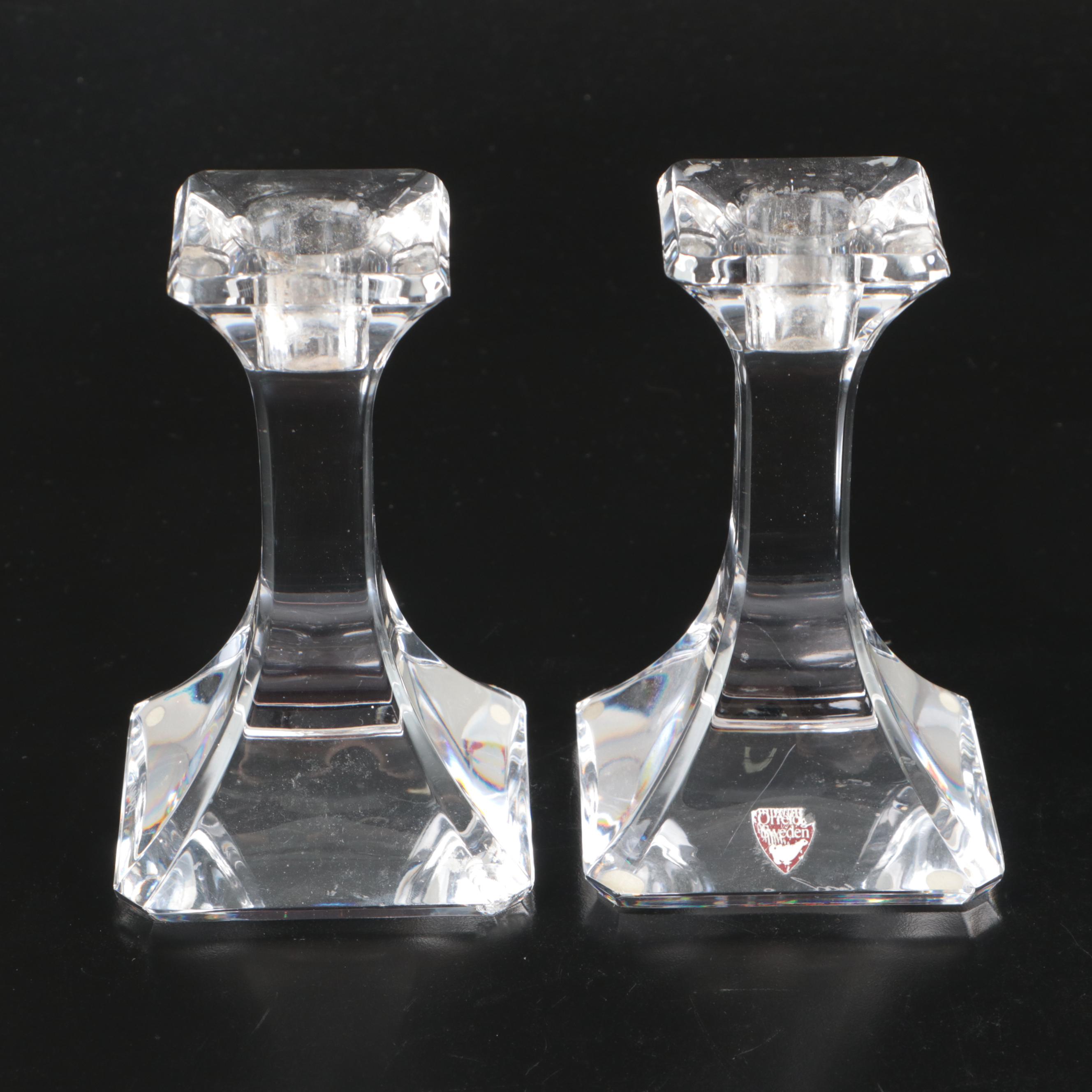 Orrefors Crystal Candlestick Pair with Other Crystal Centerpiece Bowl