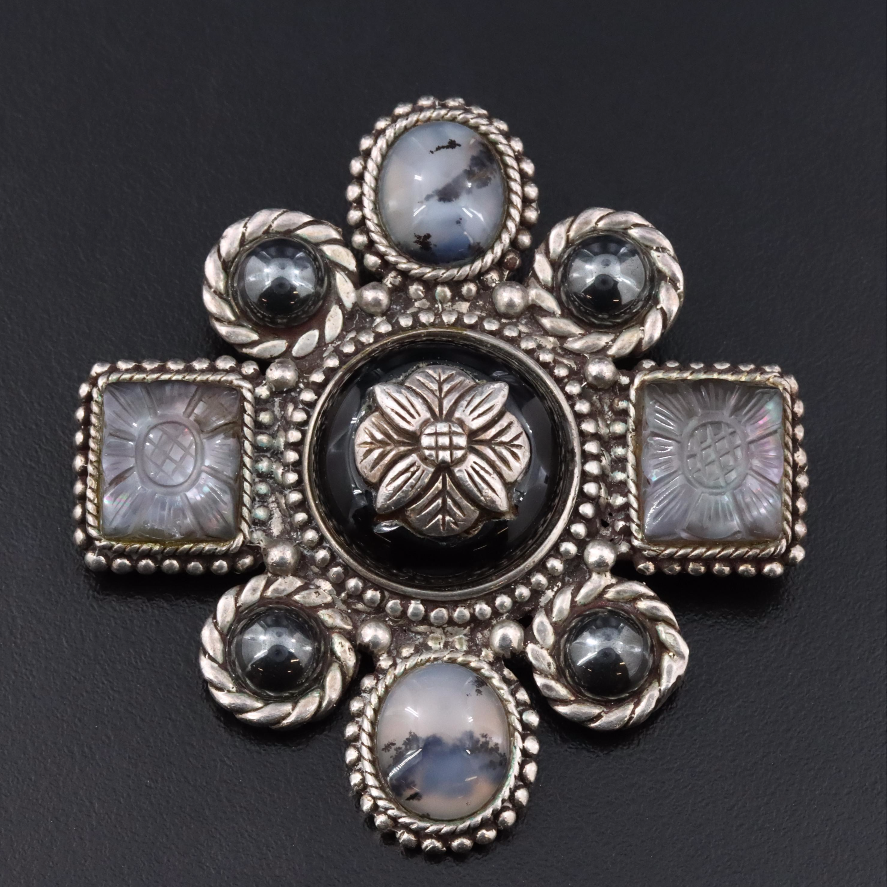 Stephen Dweck Sterling Brooch Featuring Moss Agate, Black Onyx and Hematite