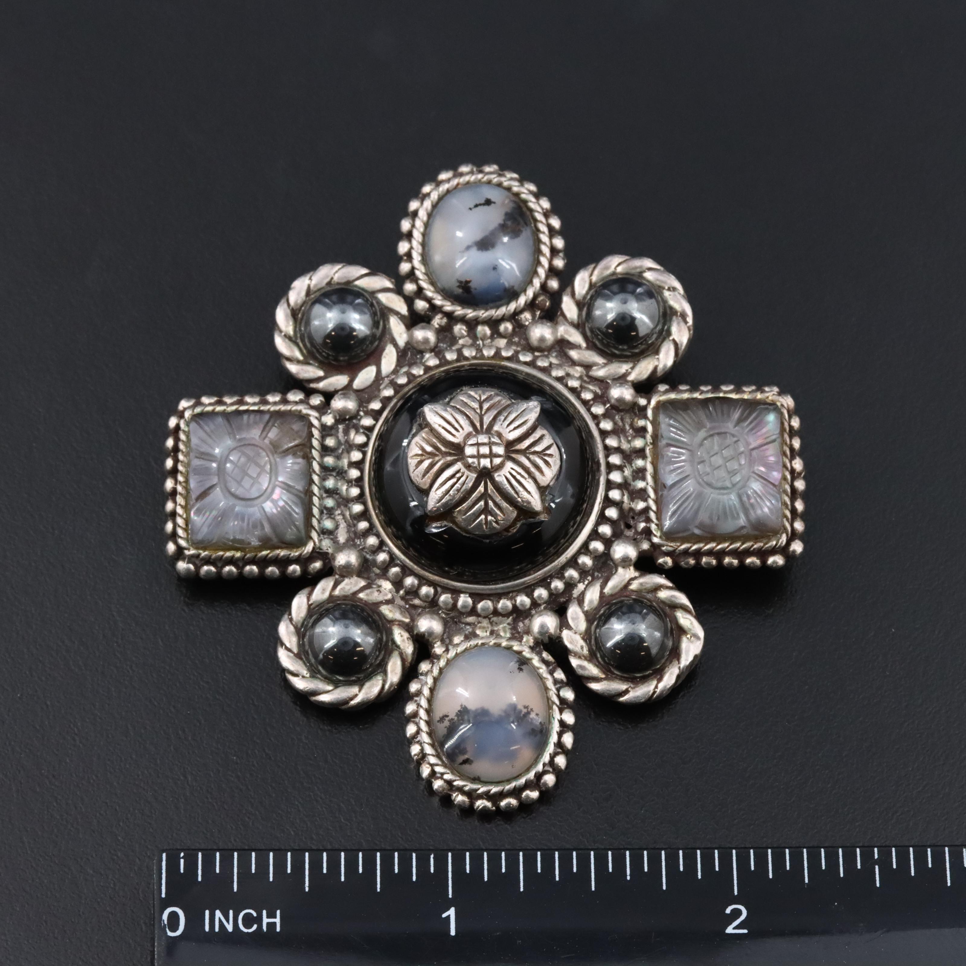 Stephen Dweck Sterling Brooch Featuring Moss Agate, Black Onyx and Hematite