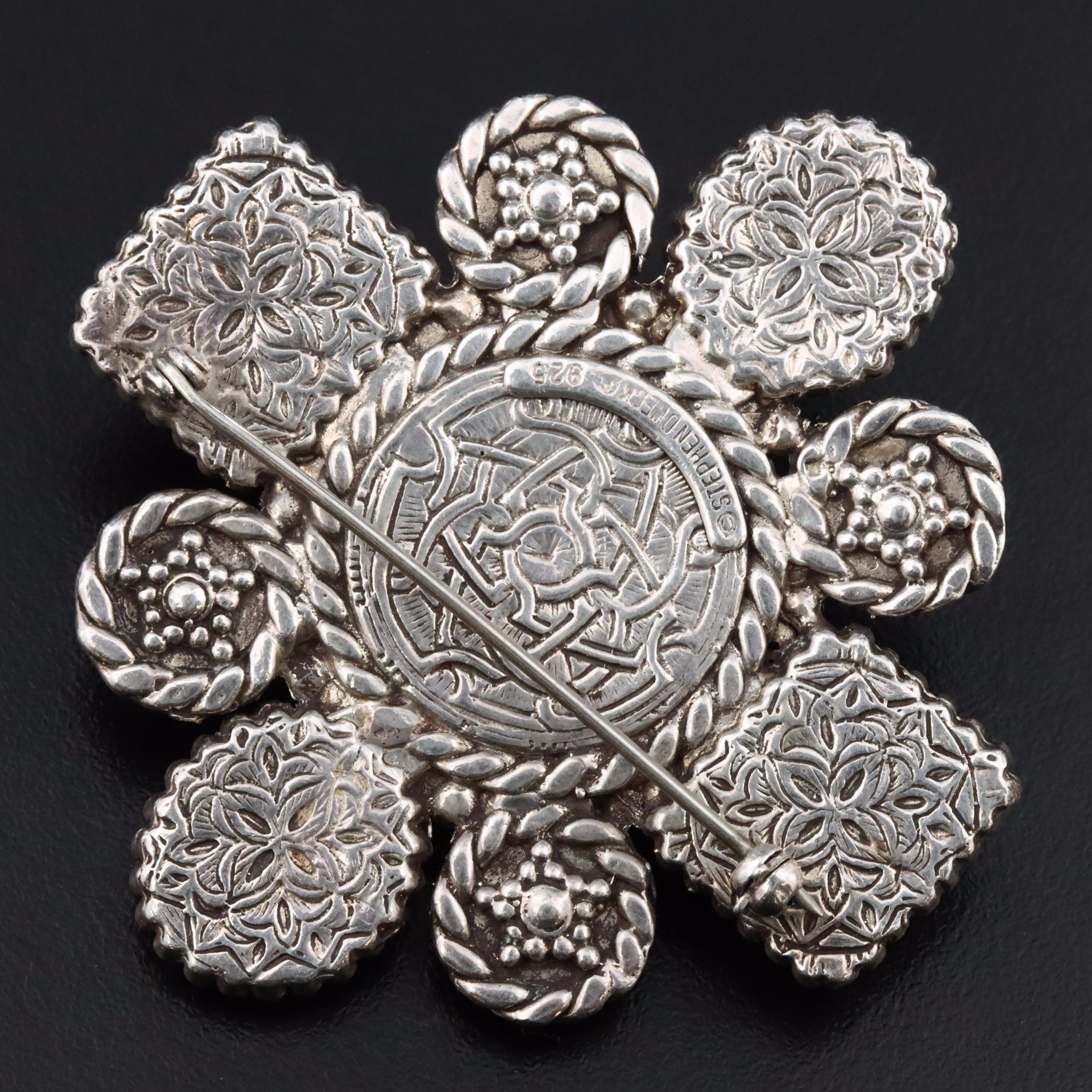 Stephen Dweck Sterling Brooch Featuring Moss Agate, Black Onyx and Hematite