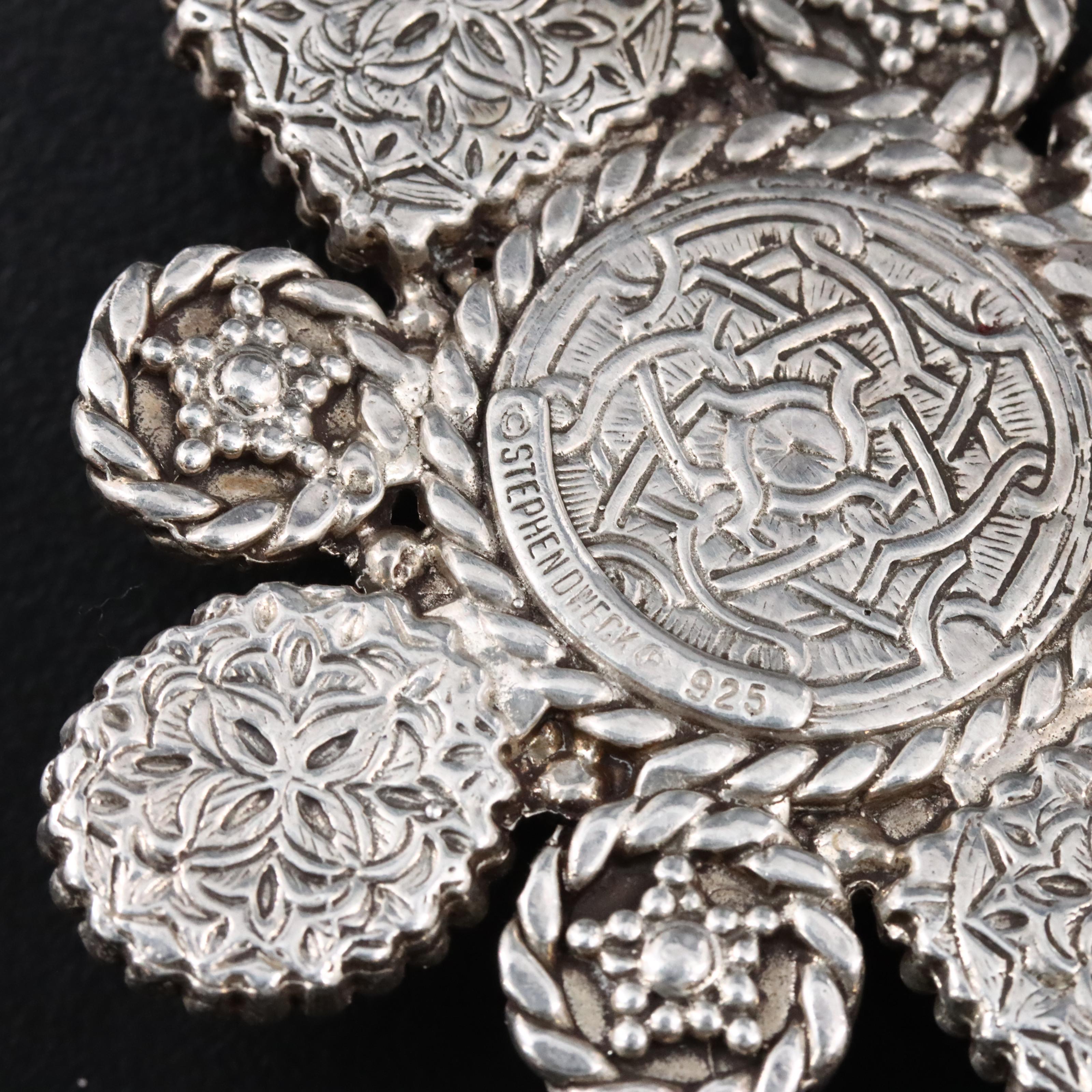 Stephen Dweck Sterling Brooch Featuring Moss Agate, Black Onyx and Hematite