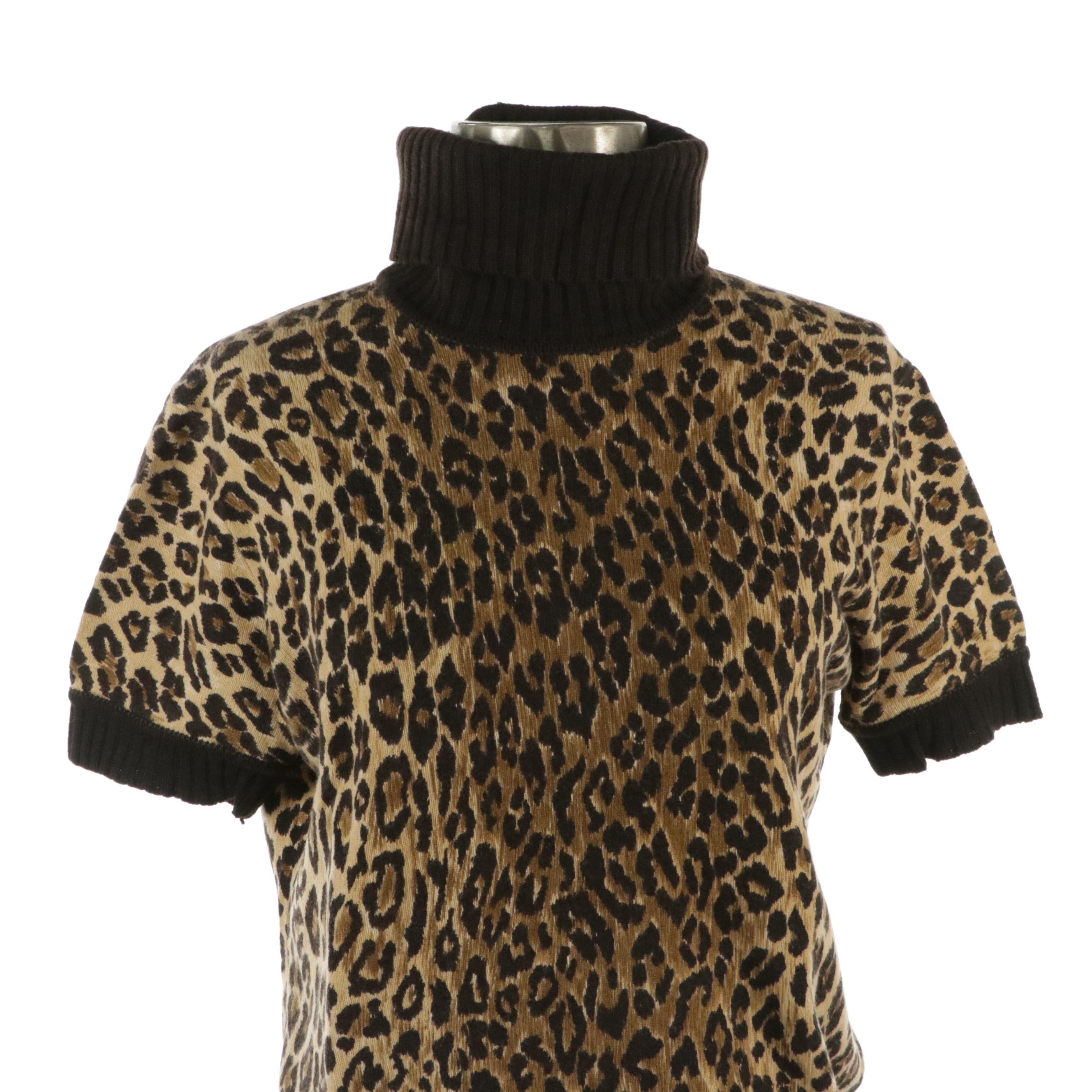 Dolce & Gabbana Leopard Cashmere Short Sleeve Turtleneck Sweater